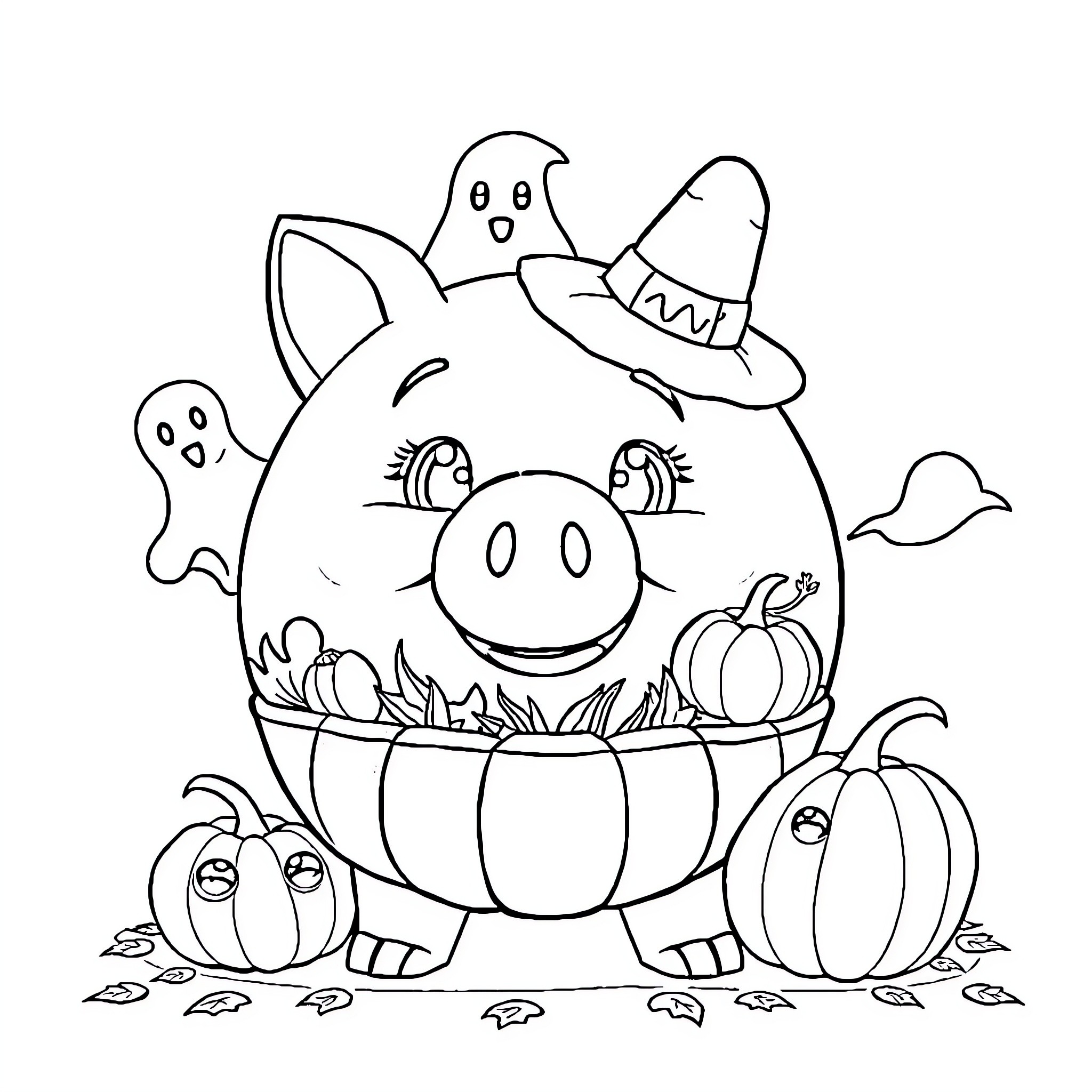 Piggy Bank with Halloween Decor Coloring Page (free black-and-white line drawing printable PDF for all, from beginners to advanced learners, including children, teens, adults, and seniors)