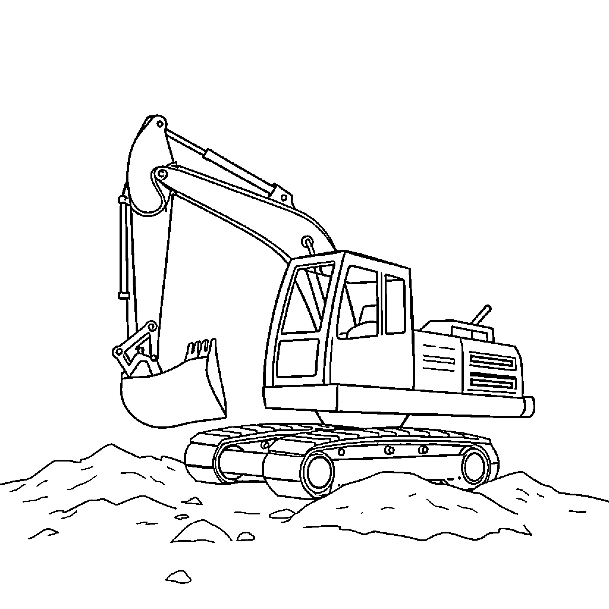 Excavator operating in construction site Coloring Page (free black-and-white line drawing printable PDF for all, from beginners to advanced learners, including children, teens, adults, and seniors)