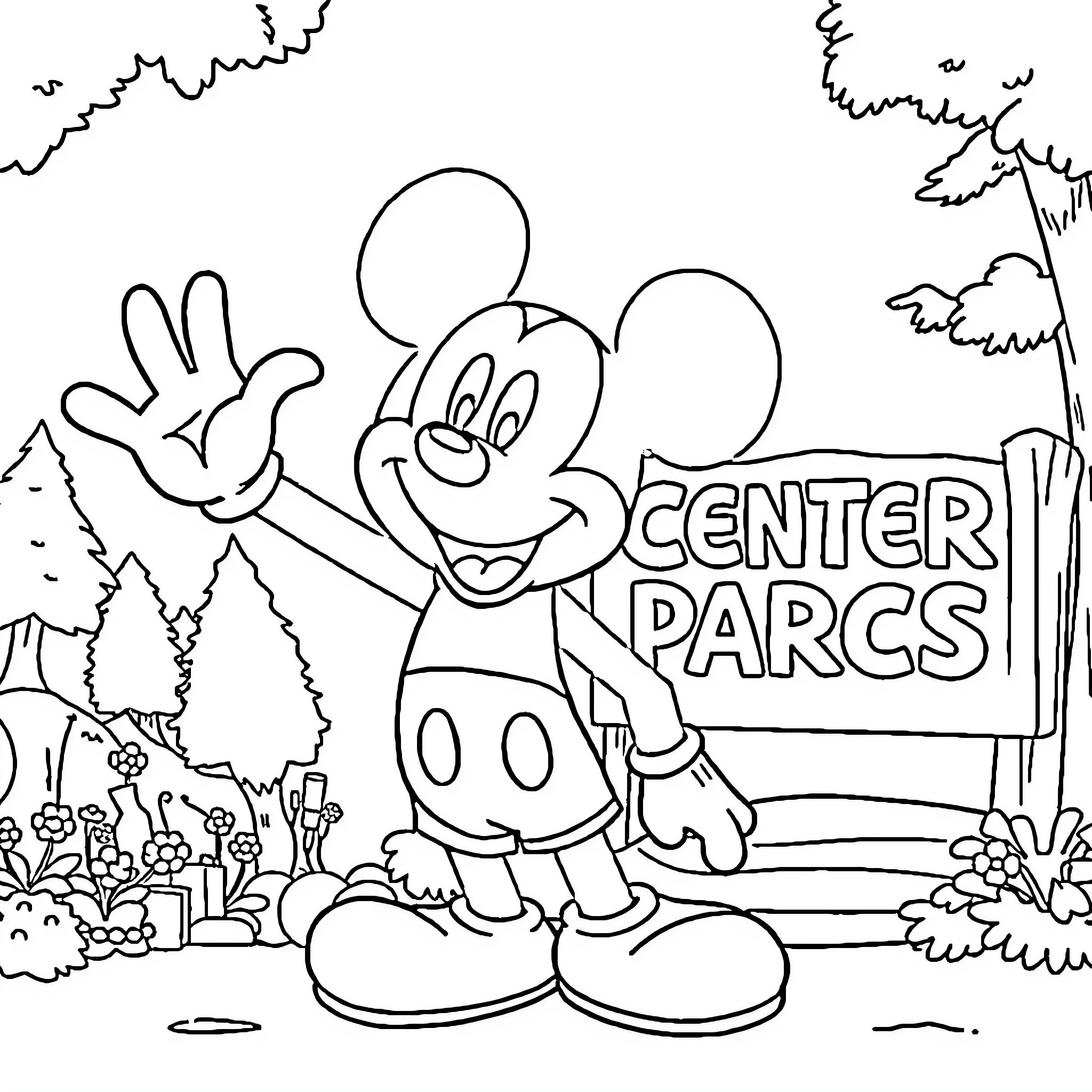 Mickey Mouse waving at Center Parcs sign Coloring Page (free black-and-white line drawing printable PDF for all, from beginners to advanced learners, including children, teens, adults, and seniors)