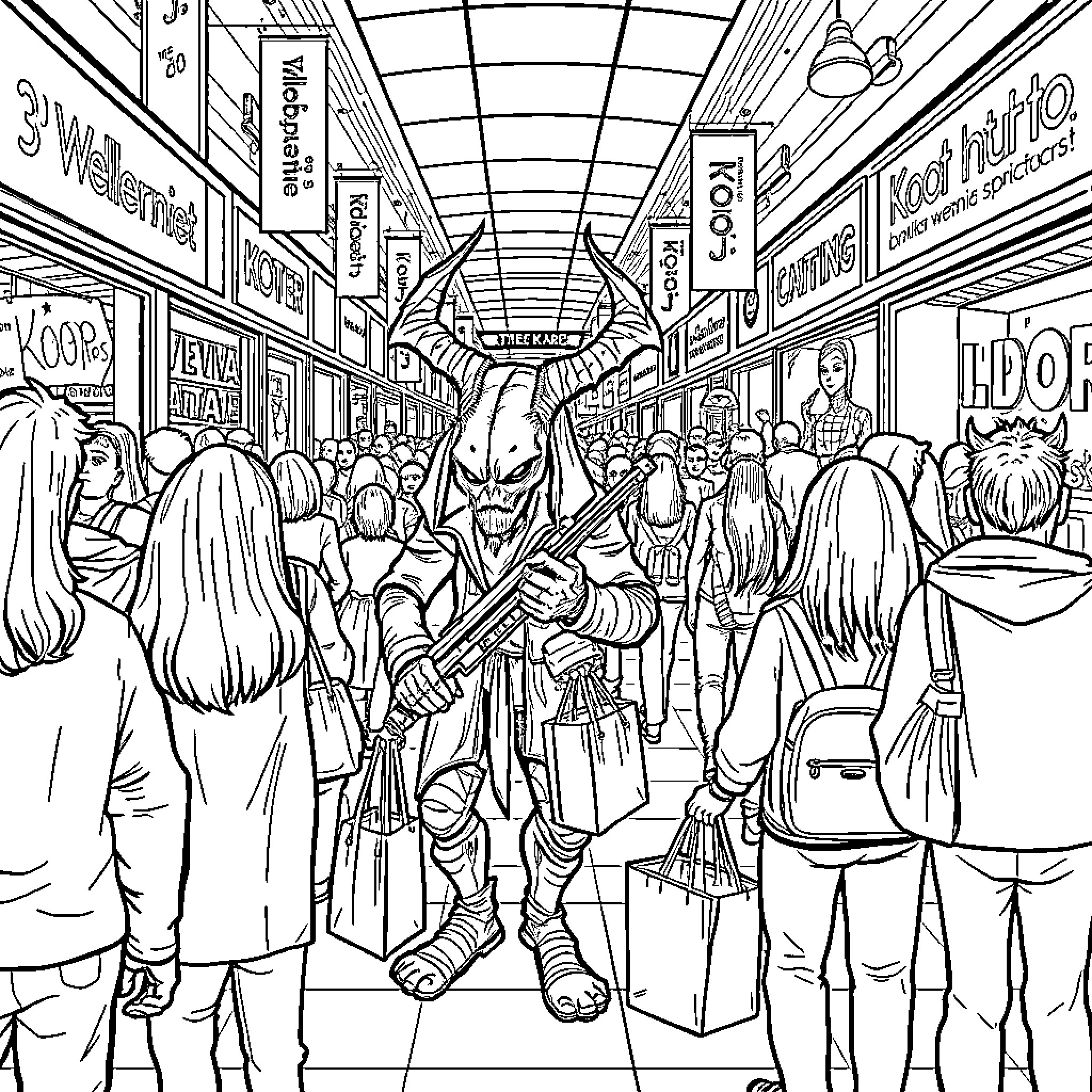 Koop Demon Hunter navigates crowded marketplace Coloring Page (free black-and-white line drawing printable PDF for all, from beginners to advanced learners, including children, teens, adults, and seniors)