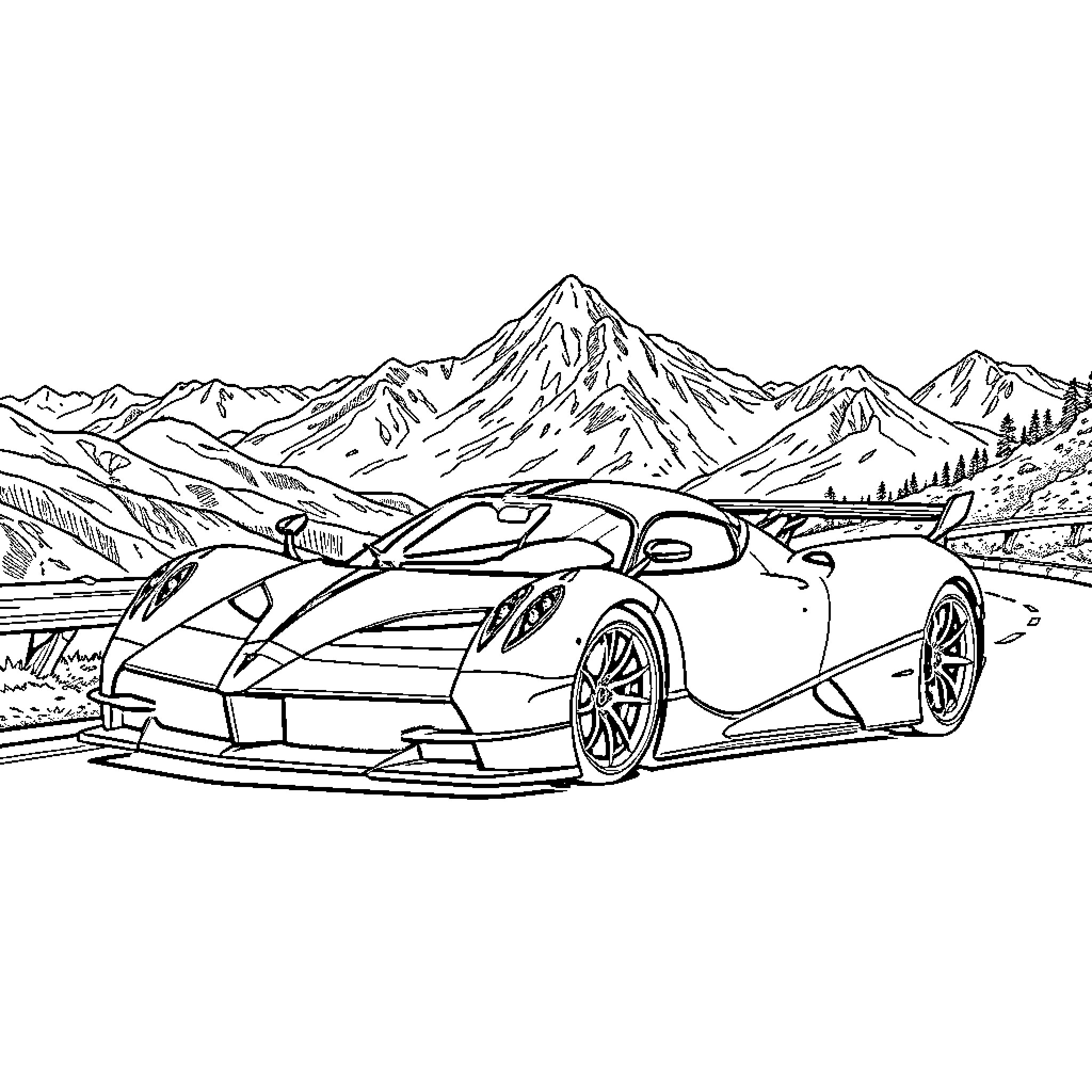 Pagani sports car speeding through the mountains Coloring Page (free black-and-white line drawing printable PDF for all, from beginners to advanced learners, including children, teens, adults, and seniors)
