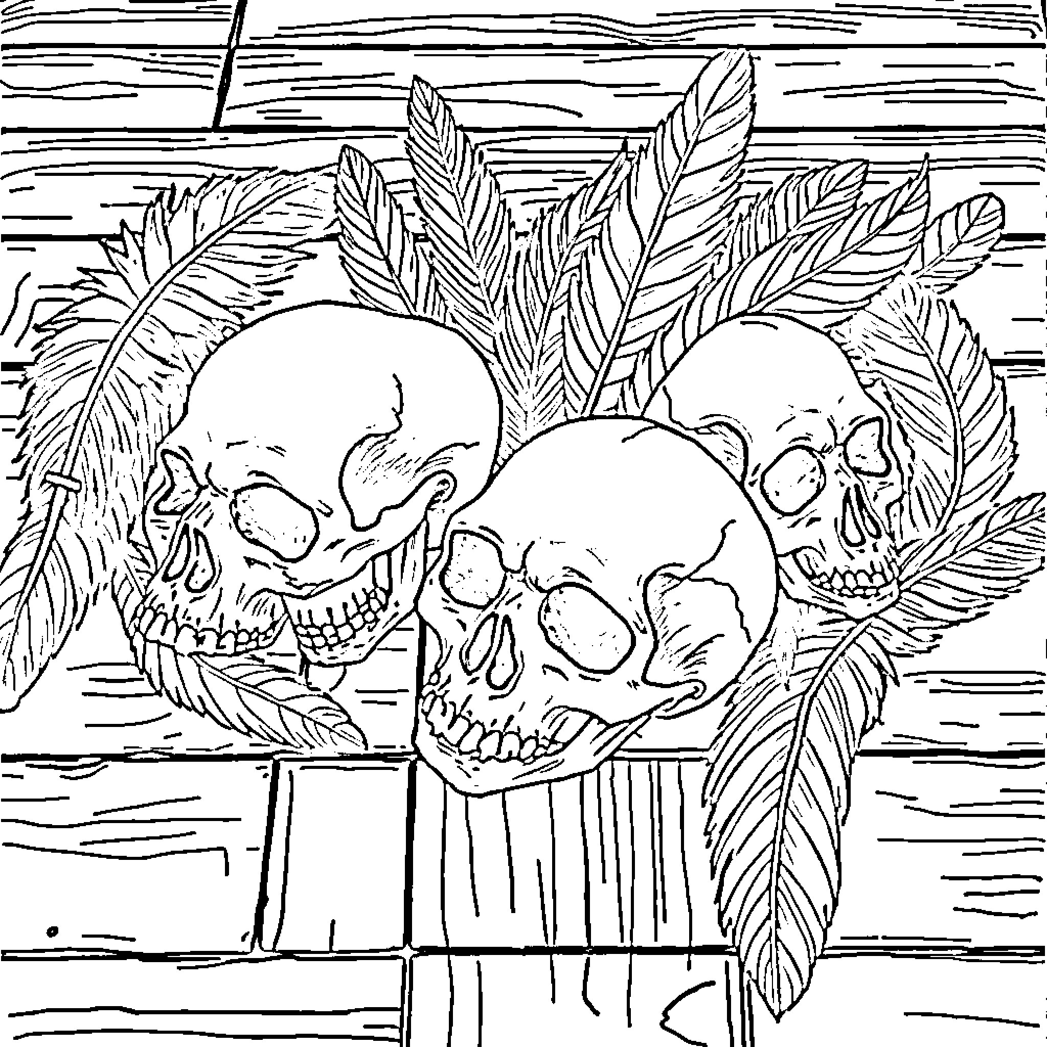 Skull display with feathered decoration Coloring Page (free black-and-white line drawing printable PDF for all, from beginners to advanced learners, including children, teens, adults, and seniors)