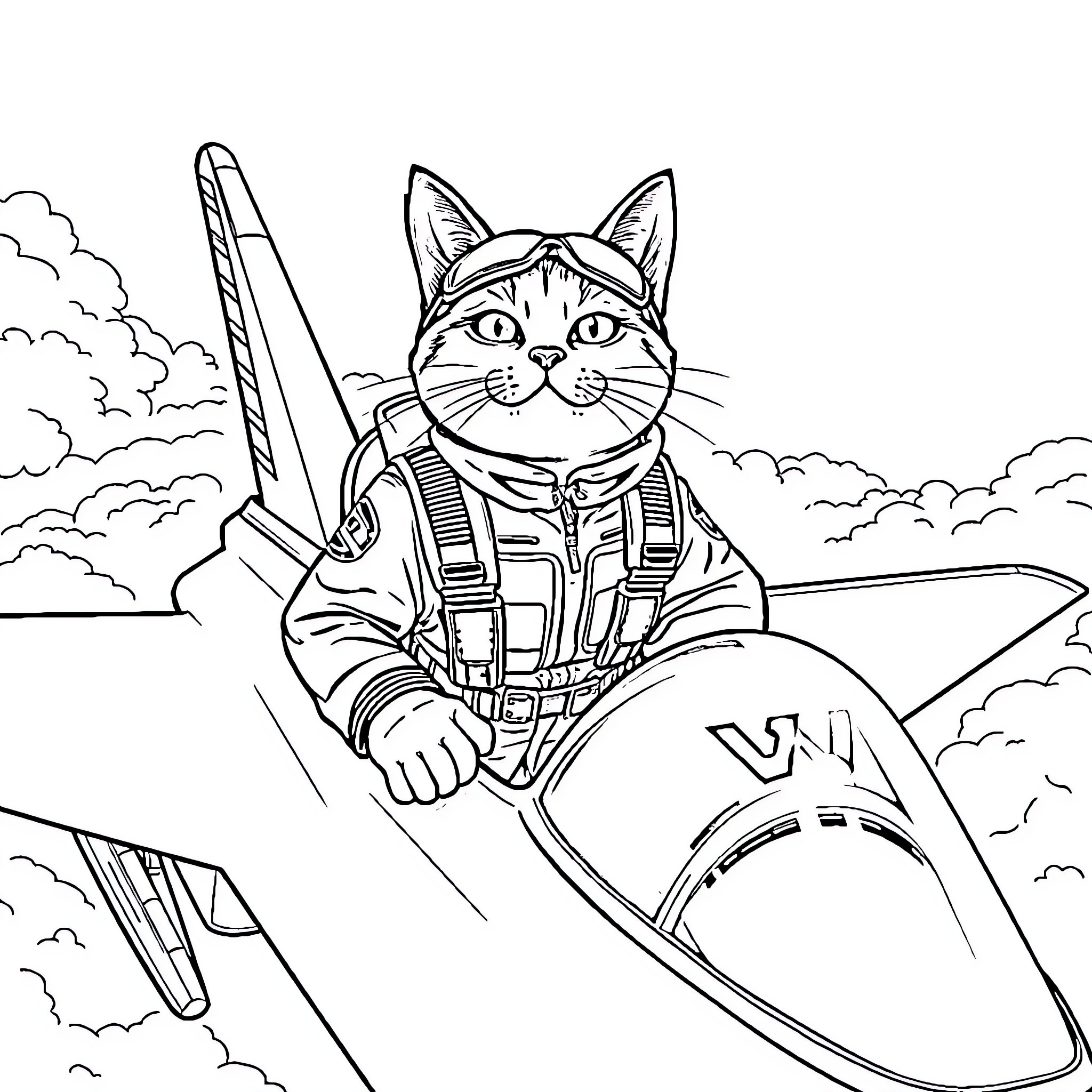 Cat in Pilot's Uniform Flying a Jet Plane Coloring Page (free black-and-white line drawing printable PDF for all, from beginners to advanced learners, including children, teens, adults, and seniors)