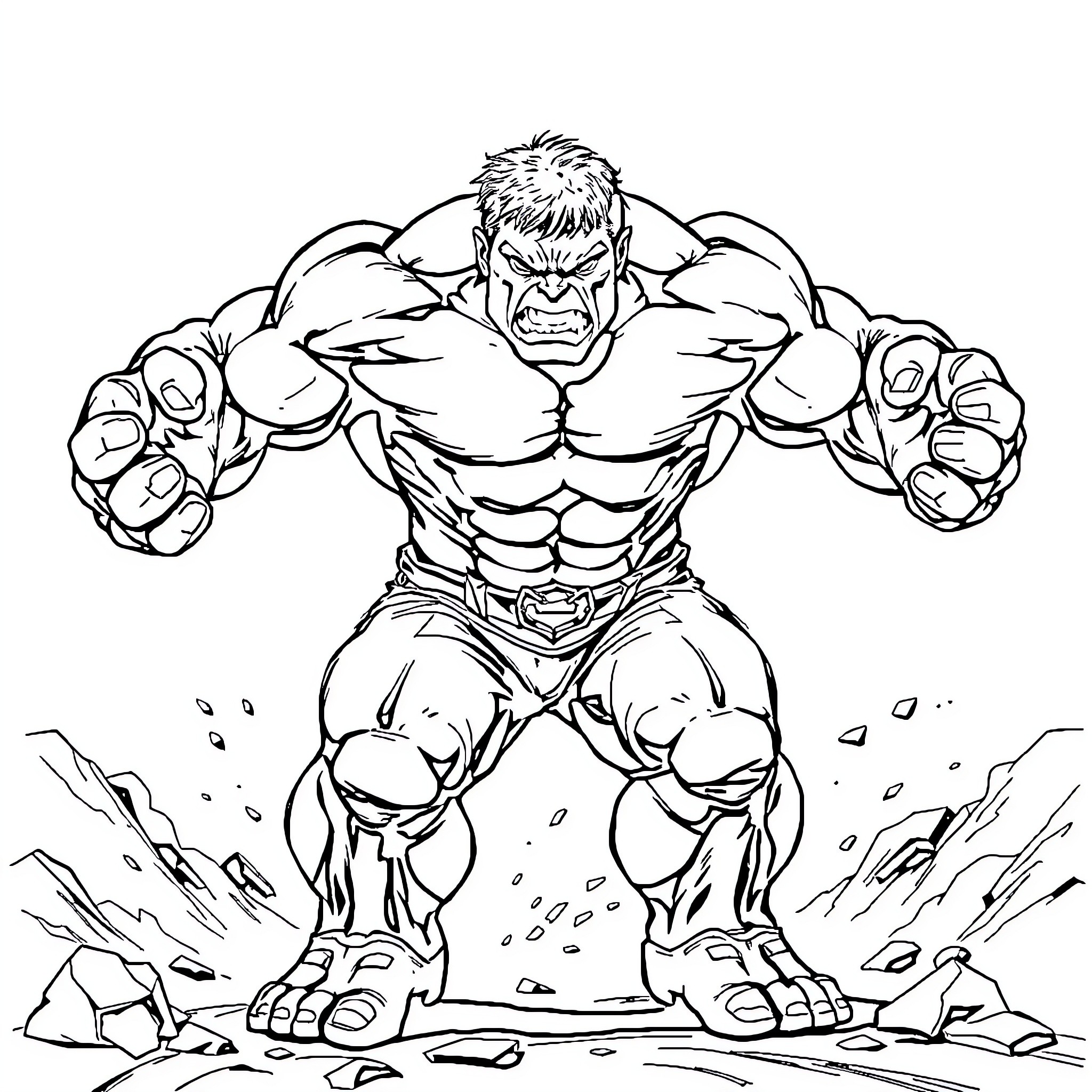 Hulk destroying rocks with fierce determination Coloring Page (free black-and-white line drawing printable PDF for all, from beginners to advanced learners, including children, teens, adults, and seniors)