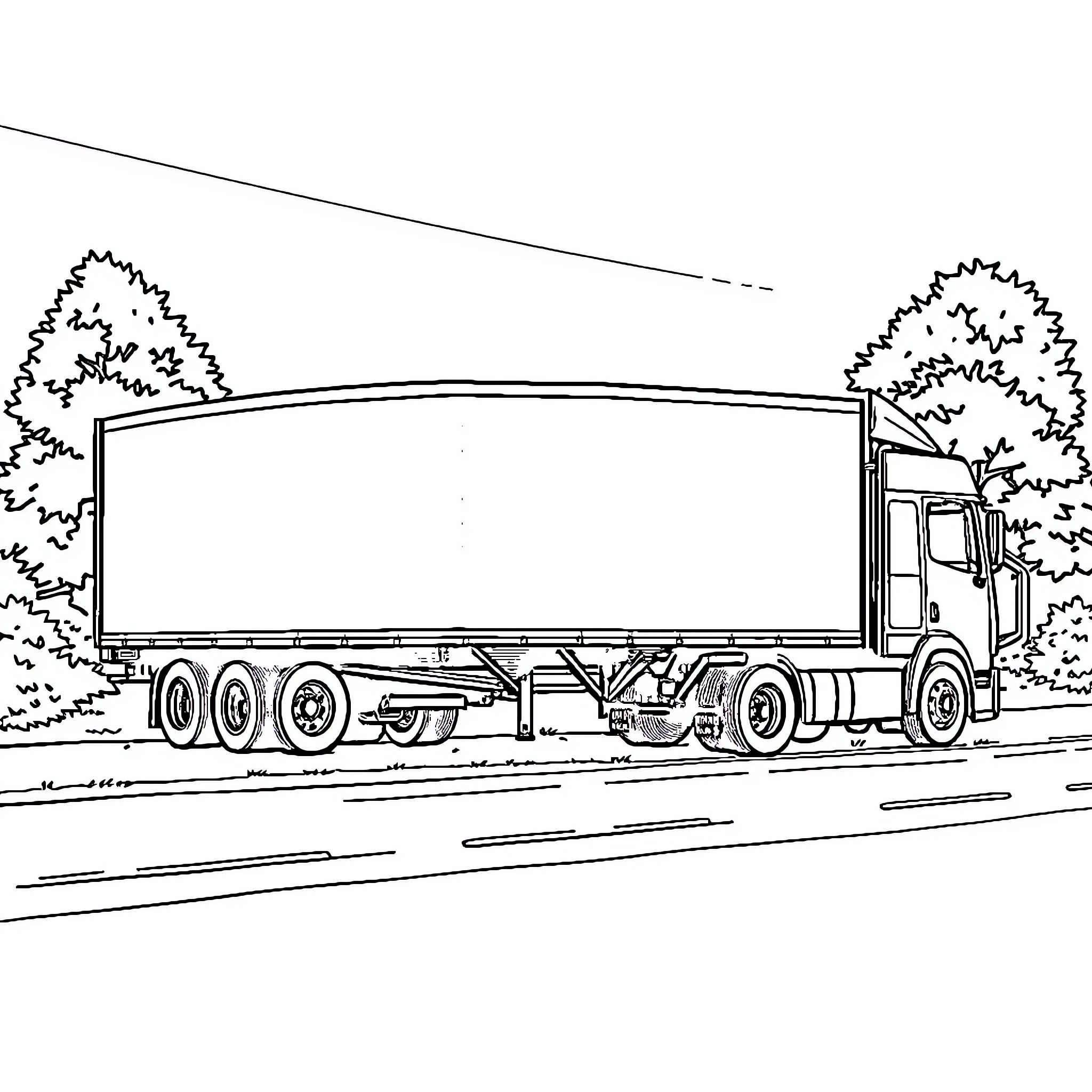 Truck Driving on Highway through Countryside Coloring Page (free black-and-white line drawing printable PDF for all, from beginners to advanced learners, including children, teens, adults, and seniors)