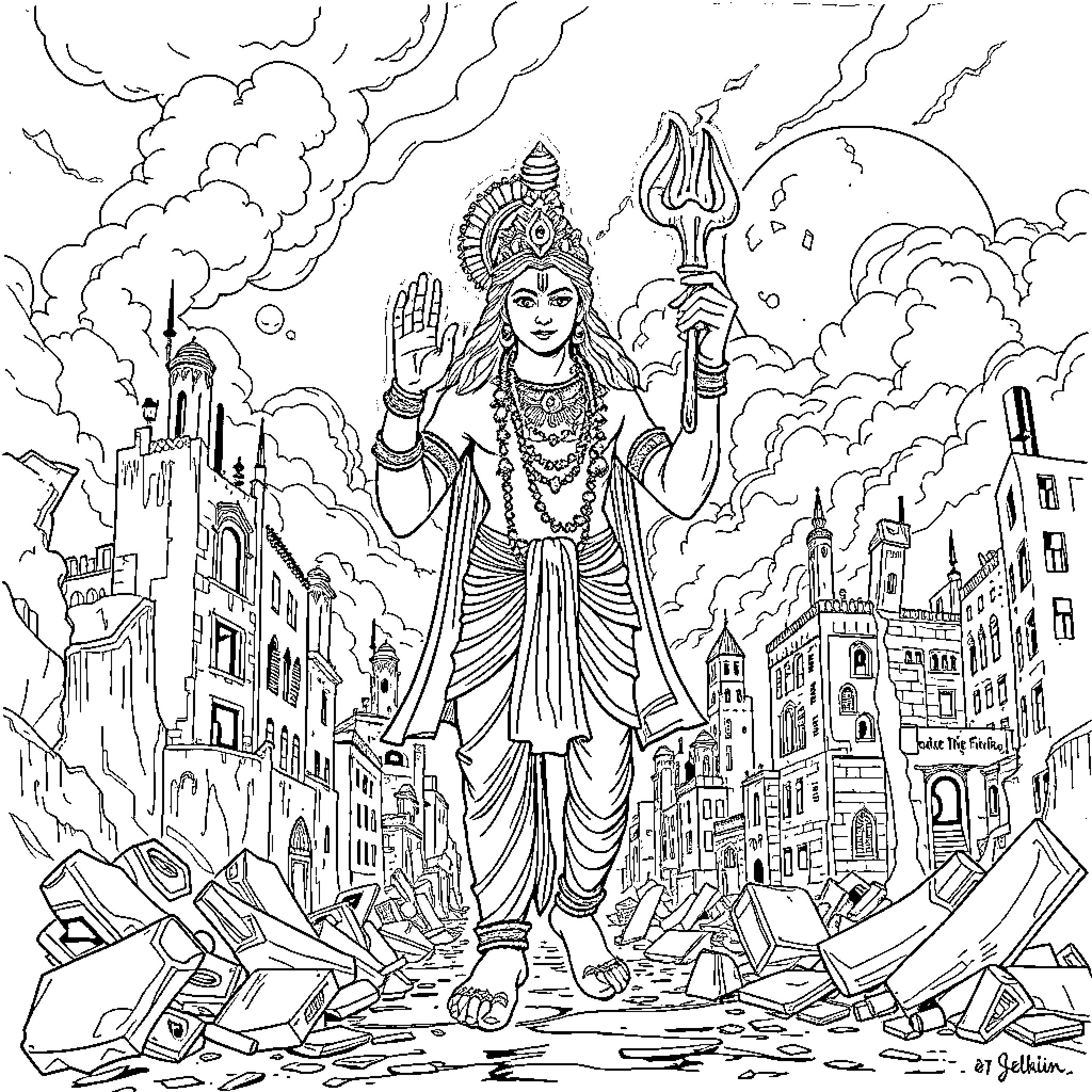 Krishna Protects the City with Divine Presence Coloring Page (free black-and-white line drawing printable PDF for all, from beginners to advanced learners, including children, teens, adults, and seniors)