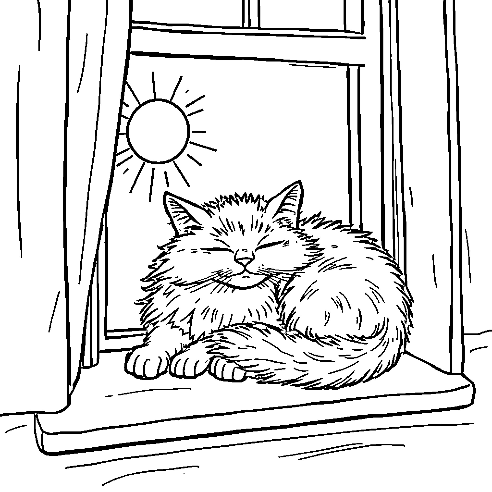 Cat resting peacefully by the window Coloring Page (free black-and-white line drawing printable PDF for all, from beginners to advanced learners, including children, teens, adults, and seniors)
