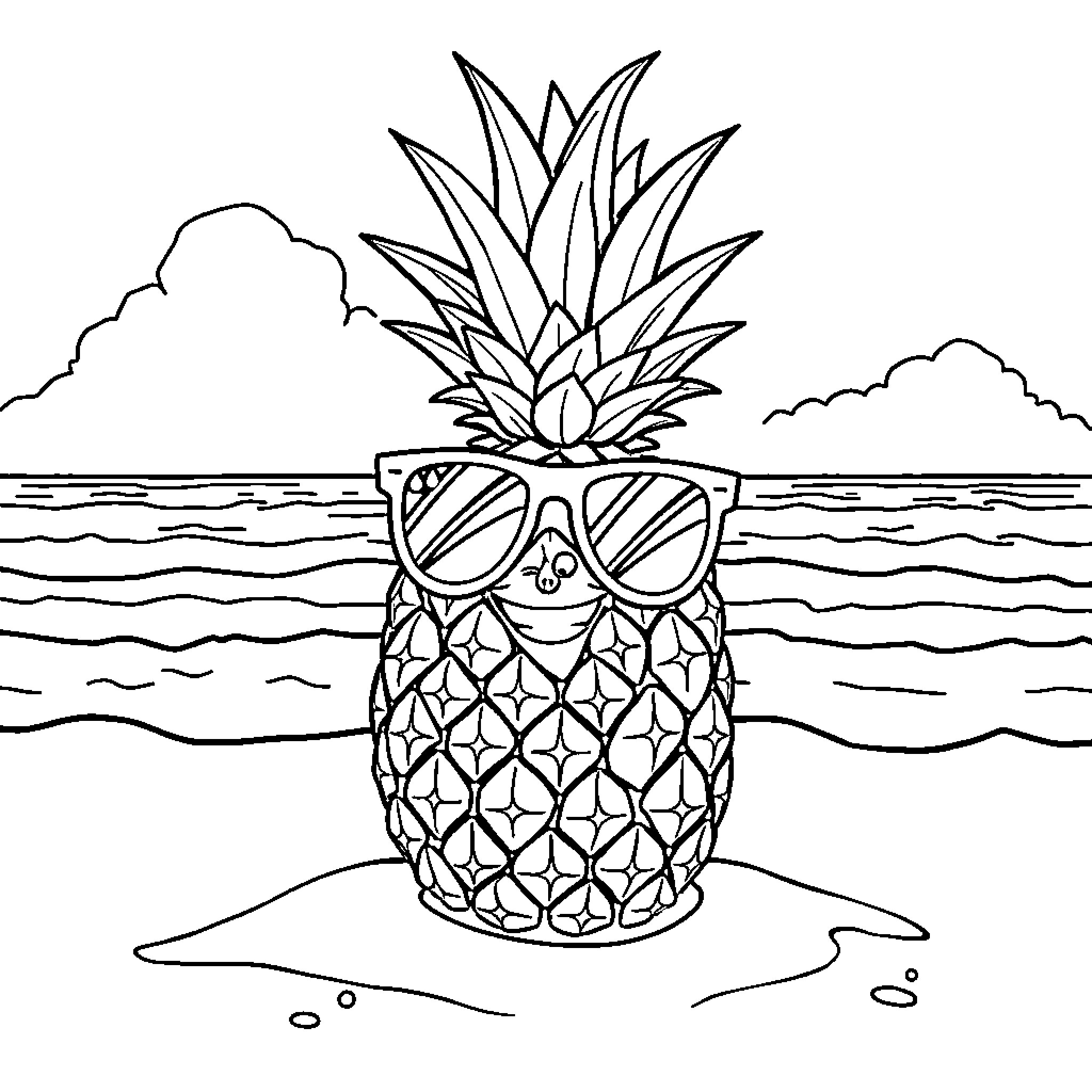 Pineapple wearing sunglasses enjoying the beach Coloring Page (free black-and-white line drawing printable PDF for all, from beginners to advanced learners, including children, teens, adults, and seniors)