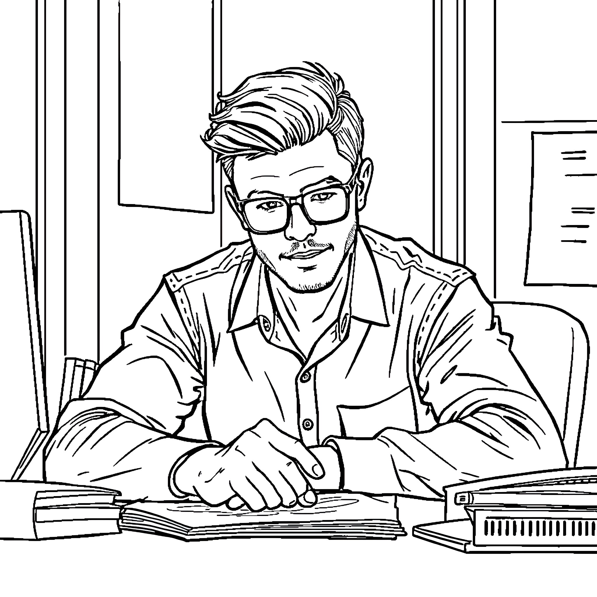 Guy studying diligently at his desk Coloring Page (free black-and-white line drawing printable PDF for all, from beginners to advanced learners, including children, teens, adults, and seniors)