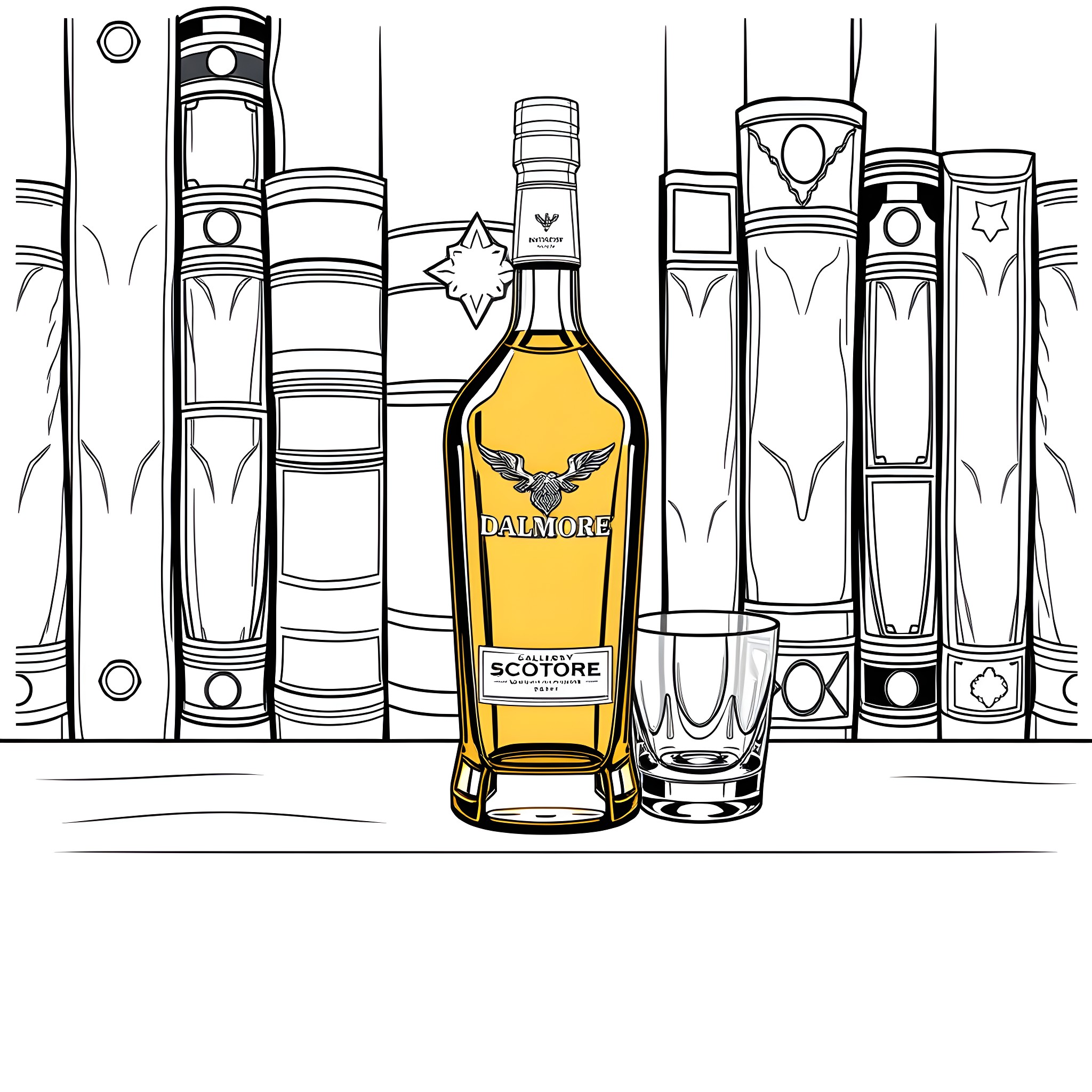 Bottle of liquor on library shelf Coloring Page (free black-and-white line drawing printable PDF for all, from beginners to advanced learners, including children, teens, adults, and seniors)