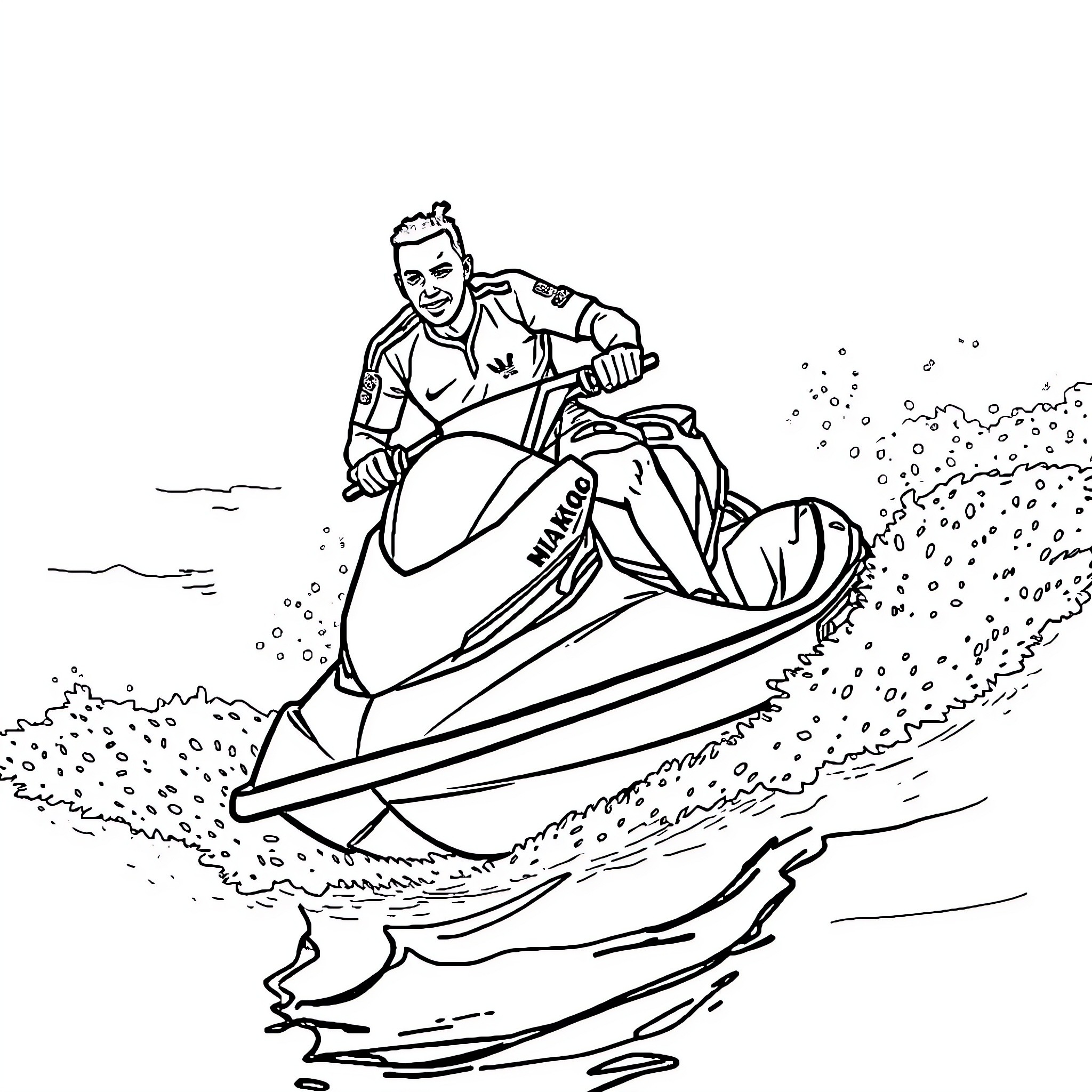 Killian Mbappé riding a jet ski on the waves Coloring Page (free black-and-white line drawing printable PDF for all, from beginners to advanced learners, including children, teens, adults, and seniors)