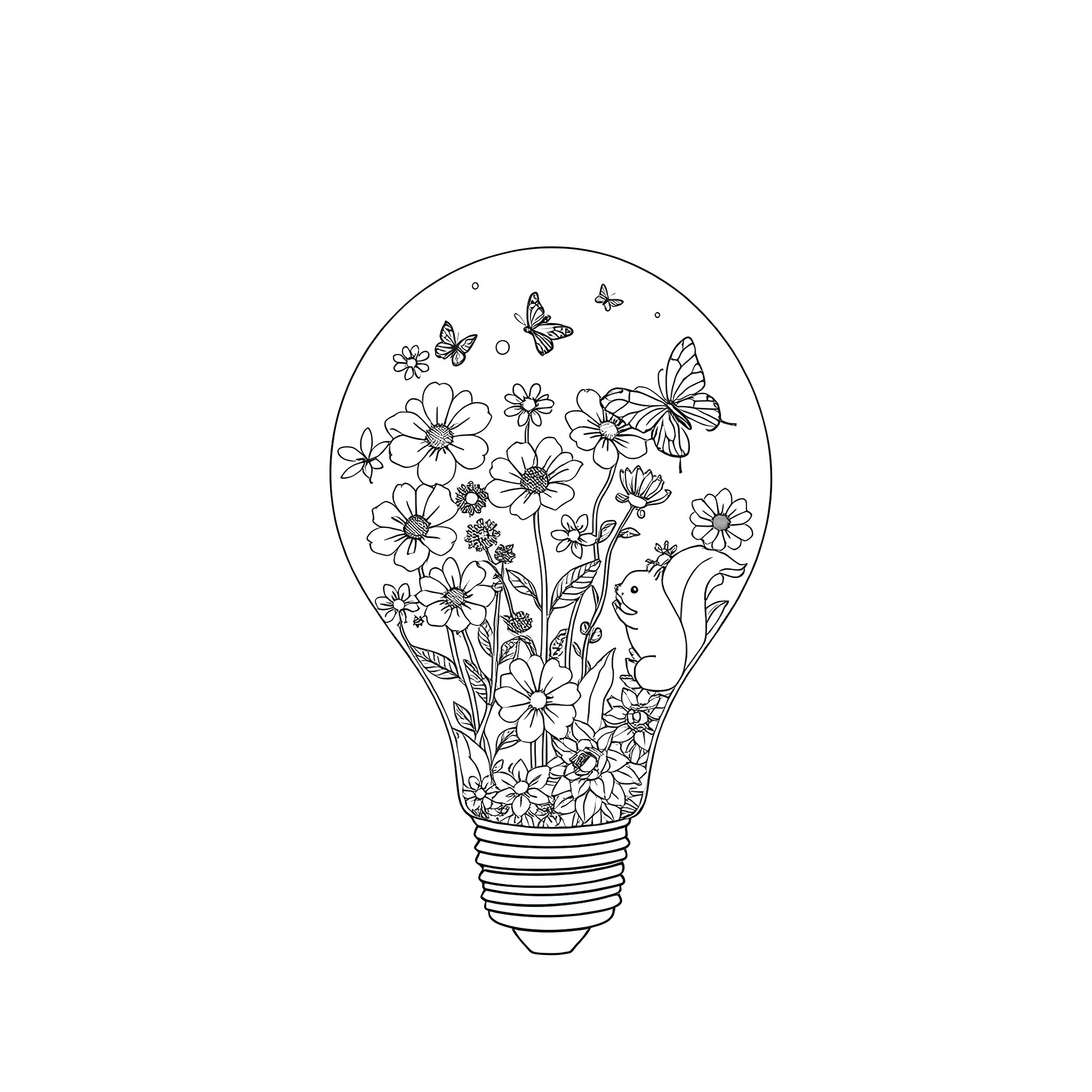 World of Floral Imagination in a Bulb Coloring Page (free black-and-white line drawing printable PDF for all, from beginners to advanced learners, including children, teens, adults, and seniors)