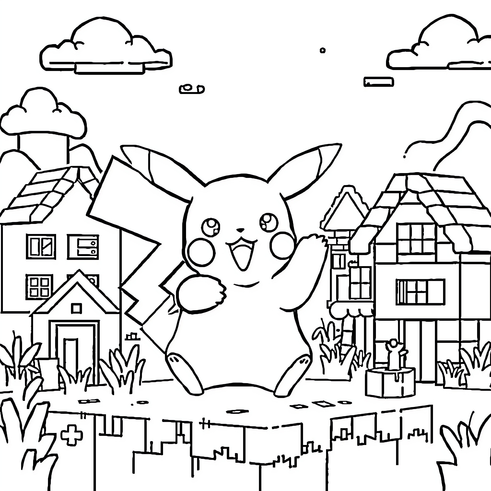 Pikachu exploring a charming village Coloring Page (free black-and-white line drawing printable PDF for all, from beginners to advanced learners, including children, teens, adults, and seniors)