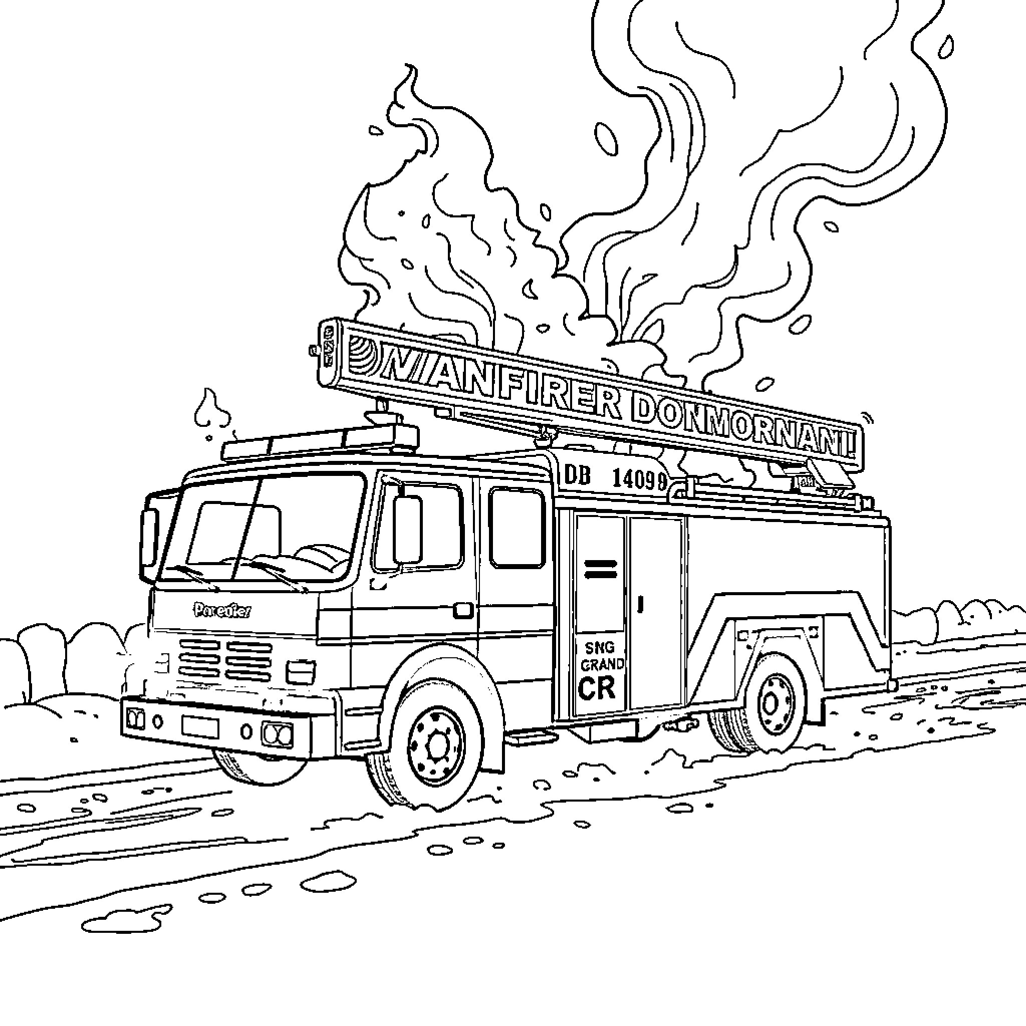 Fire Truck responding to emergency on road Coloring Page (free black-and-white line drawing printable PDF for all, from beginners to advanced learners, including children, teens, adults, and seniors)
