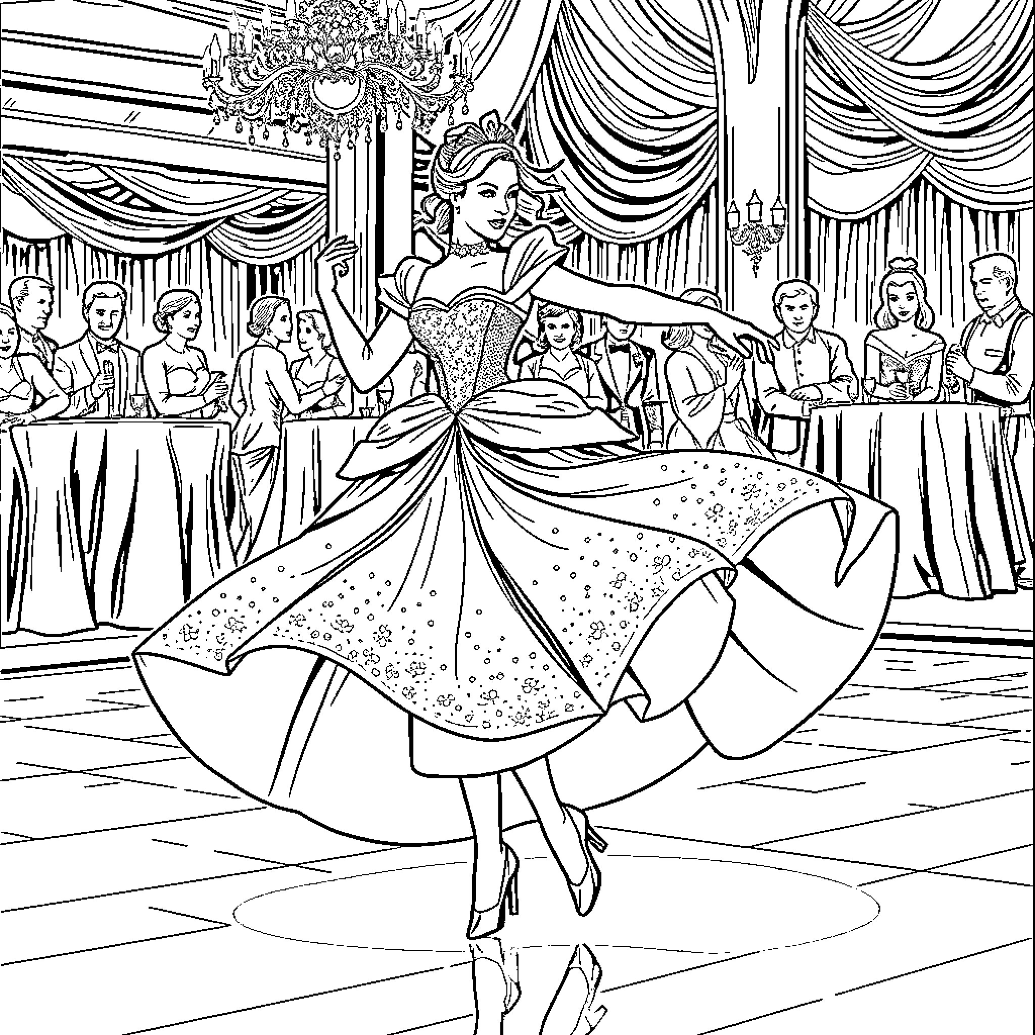Cinderella Dancing Gracefully at the Ball Coloring Page (free black-and-white line drawing printable PDF for all, from beginners to advanced learners, including children, teens, adults, and seniors)