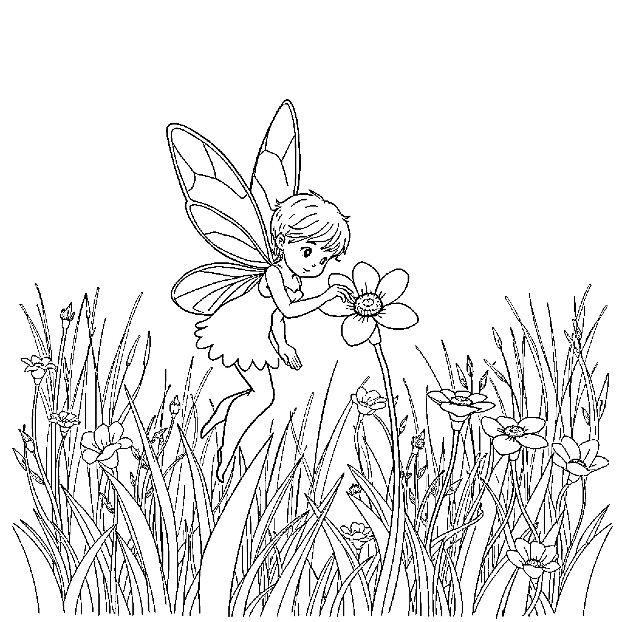 Fairy playing joyfully among flowers Coloring Page (free black-and-white line drawing printable PDF for all, from beginners to advanced learners, including children, teens, adults, and seniors)