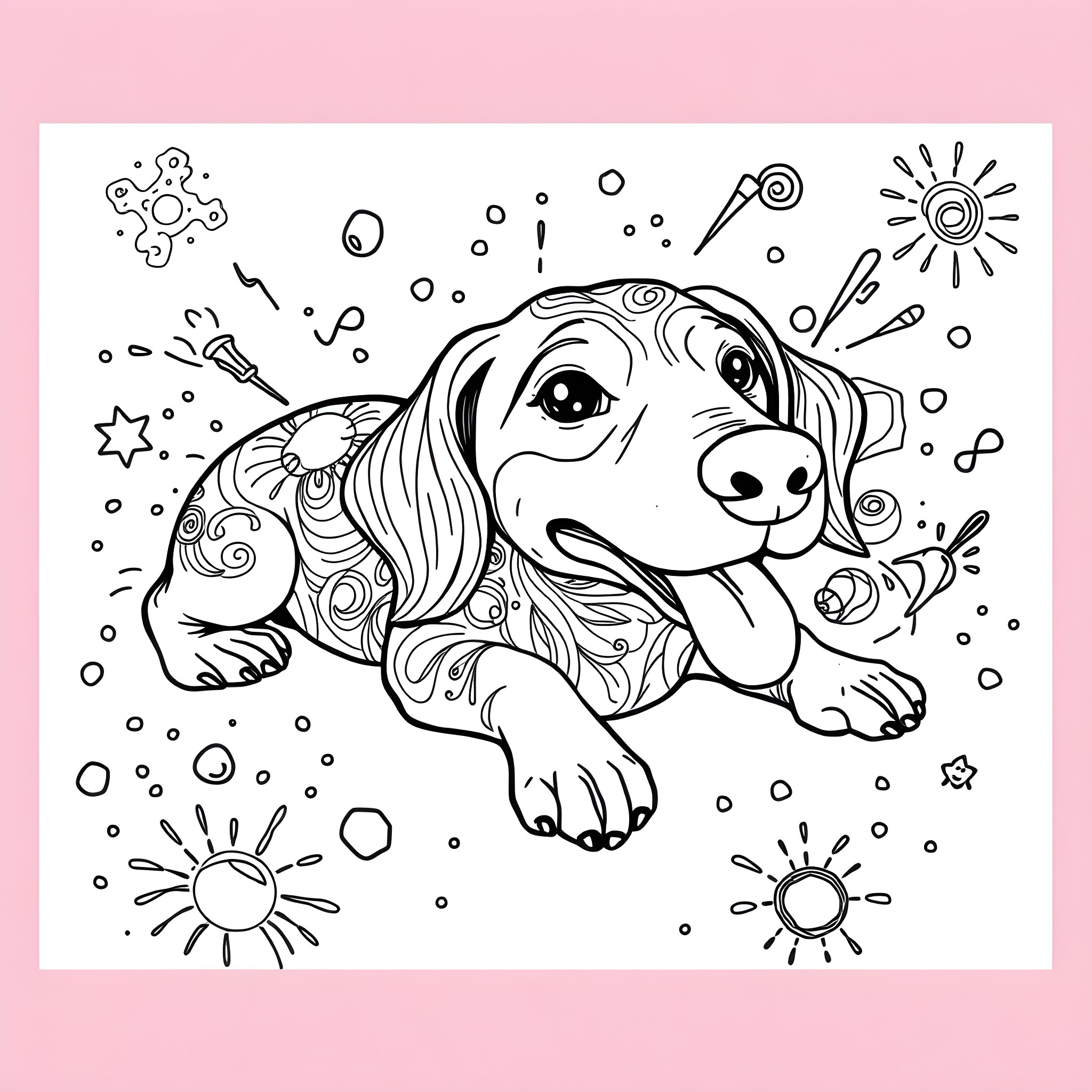 Weiner Dog playing in a whimsical scene Coloring Page (free black-and-white line drawing printable PDF for all, from beginners to advanced learners, including children, teens, adults, and seniors)