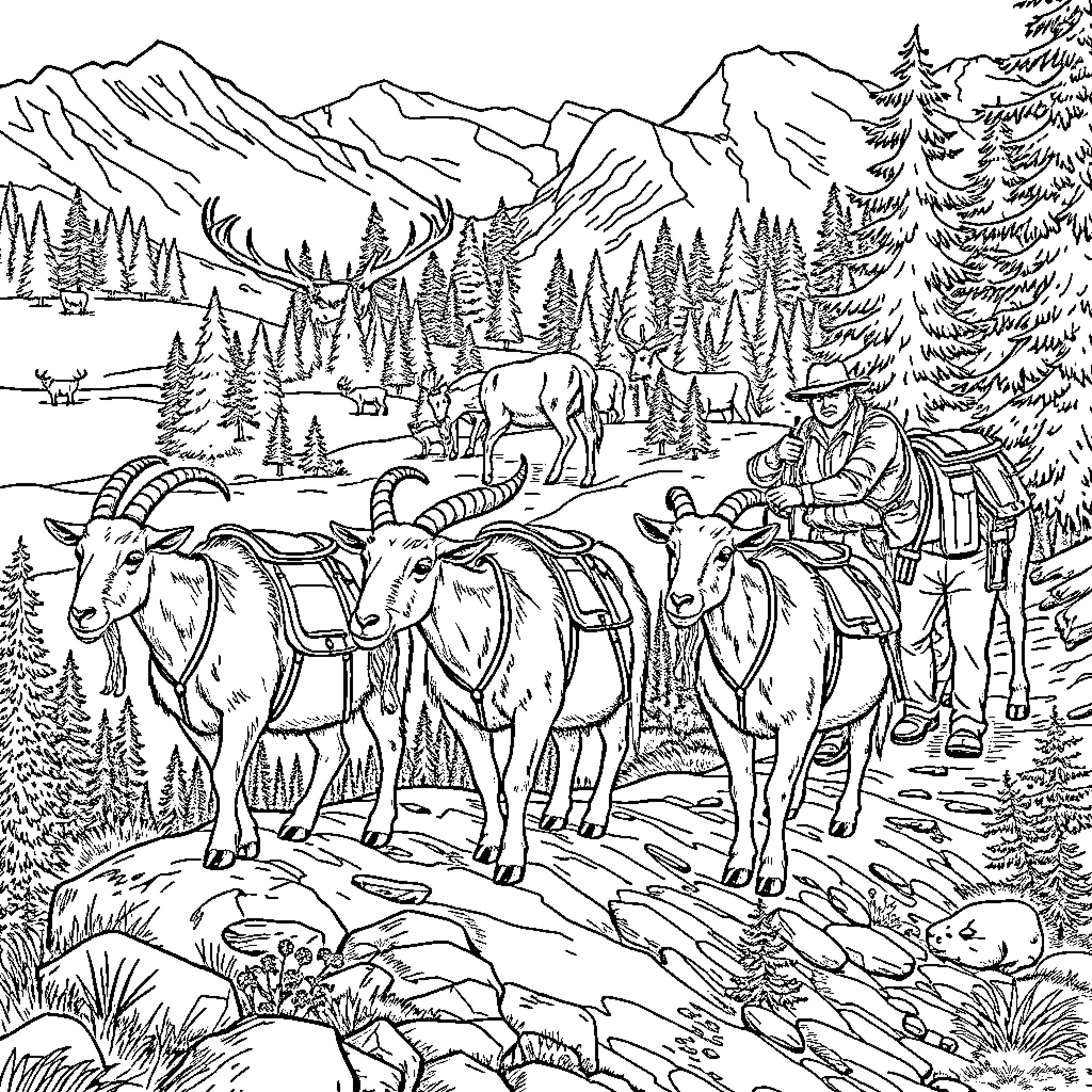 Goats traversing the mountainous terrain with a traveler Coloring Page (free black-and-white line drawing printable PDF for all, from beginners to advanced learners, including children, teens, adults, and seniors)