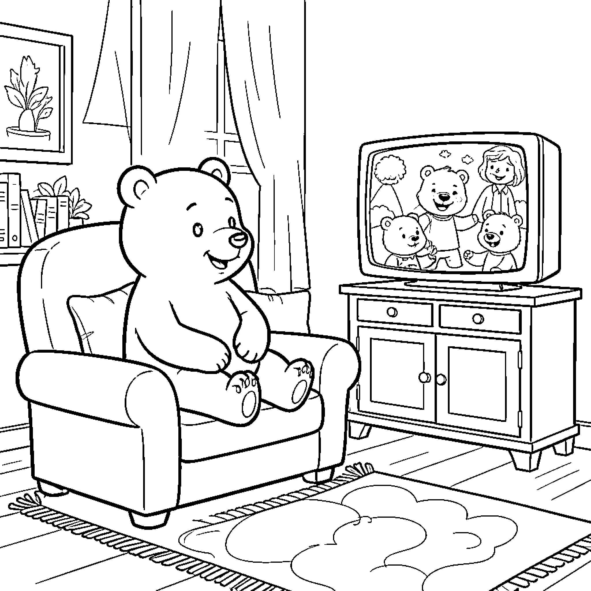 Bear watching family on TV in cozy room Coloring Page (free black-and-white line drawing printable PDF for all, from beginners to advanced learners, including children, teens, adults, and seniors)