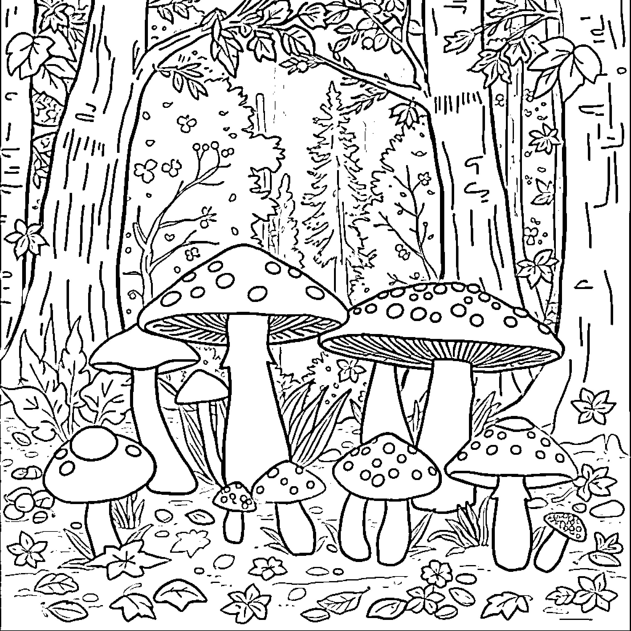Mushroom Forest with Whimsical Details Coloring Page (free black-and-white line drawing printable PDF for all, from beginners to advanced learners, including children, teens, adults, and seniors)