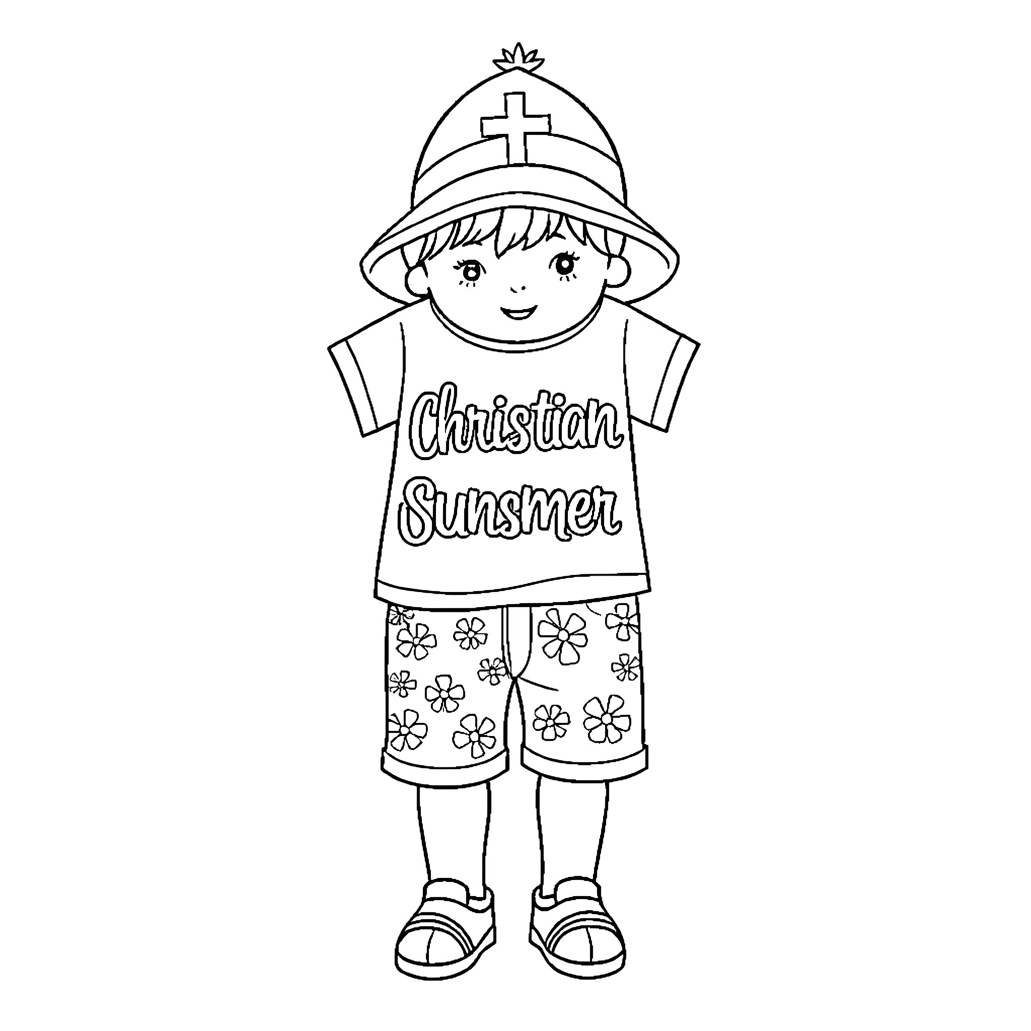 Christian Child Wearing Summer Outfit Coloring Page (free black-and-white line drawing printable PDF for all, from beginners to advanced learners, including children, teens, adults, and seniors)