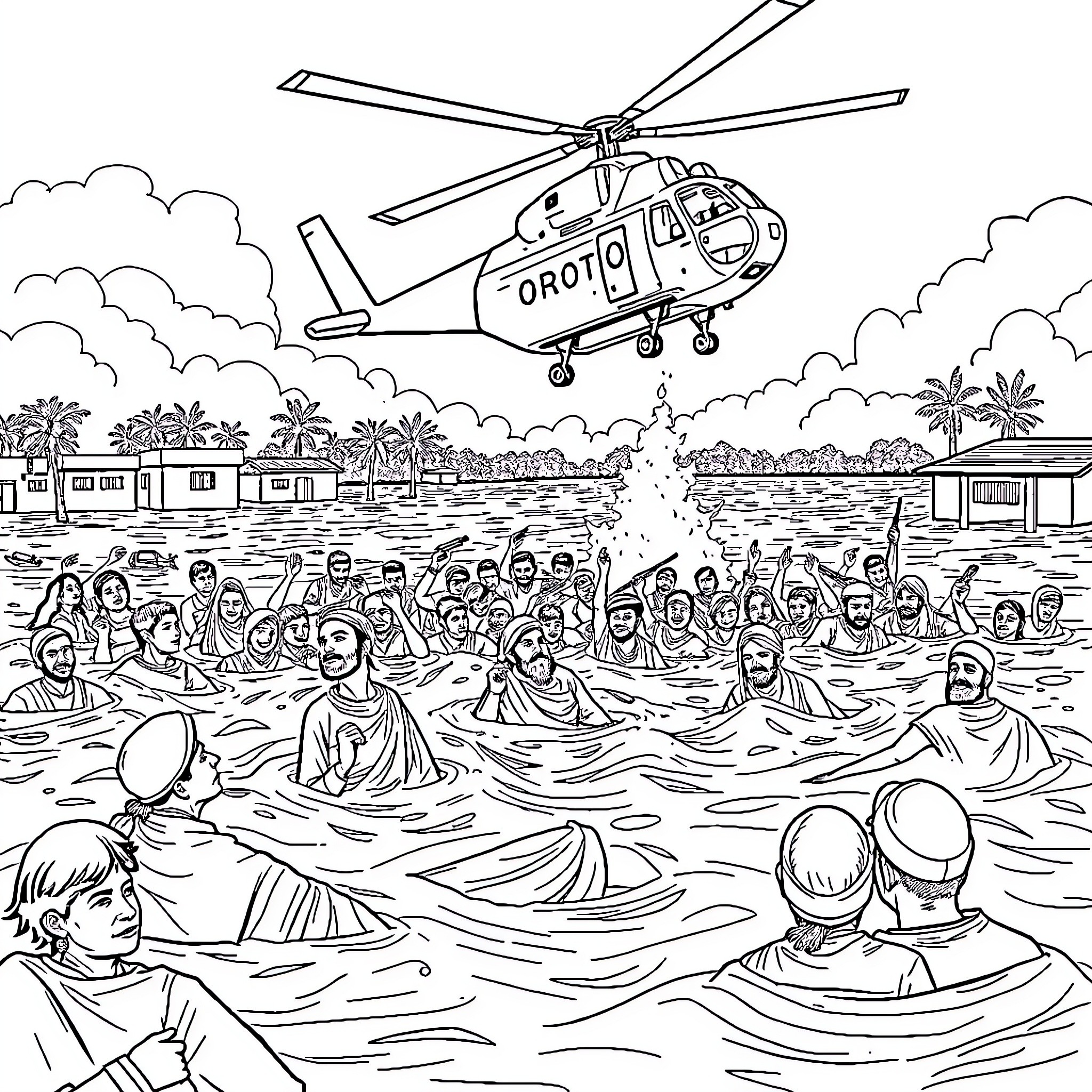 Helicopter rescue operation during a disaster scene Coloring Page (free black-and-white line drawing printable PDF for all, from beginners to advanced learners, including children, teens, adults, and seniors)