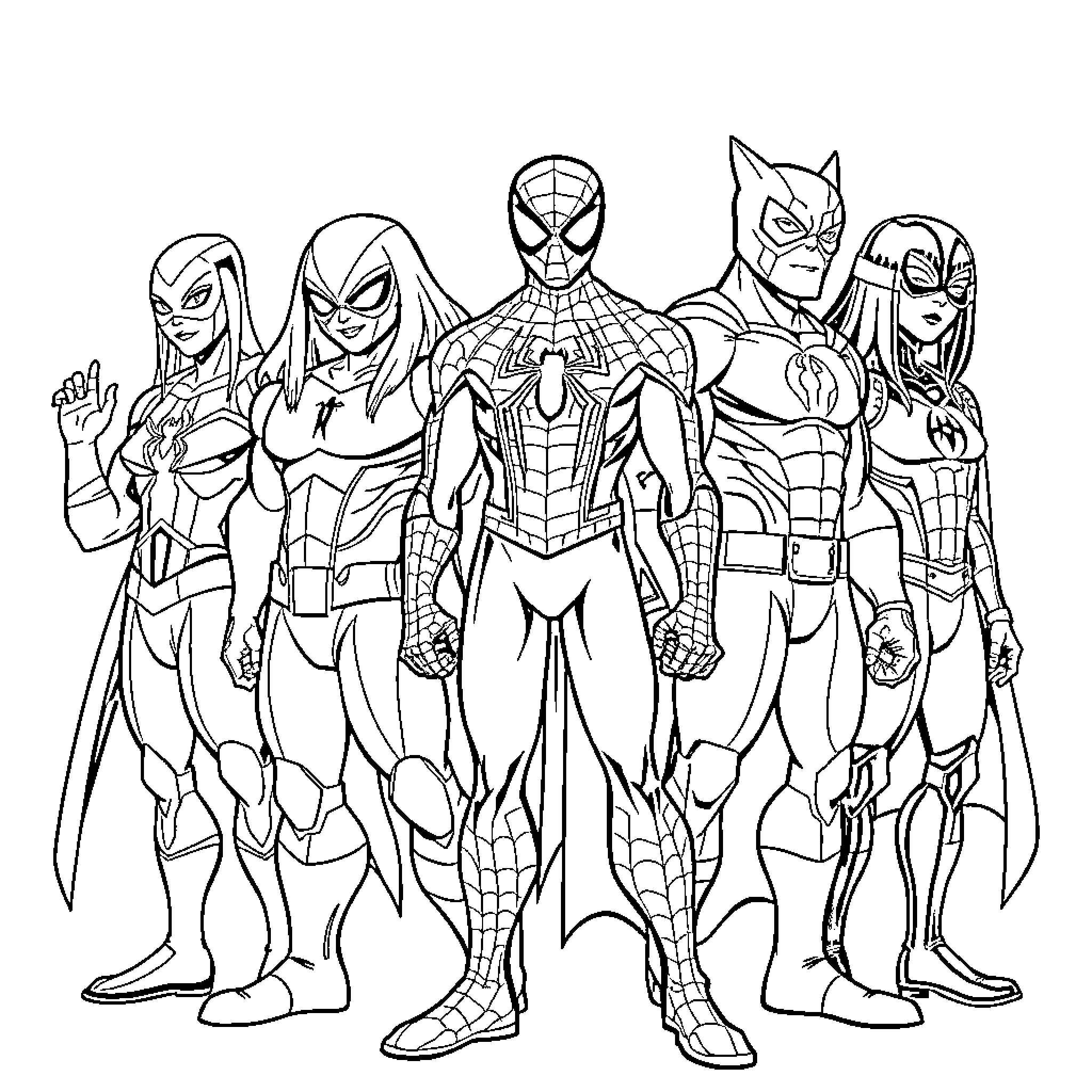 Spider-Heroes Assemble in Epic Superhero Adventure Coloring Page (free black-and-white line drawing printable PDF for all, from beginners to advanced learners, including children, teens, adults, and seniors)
