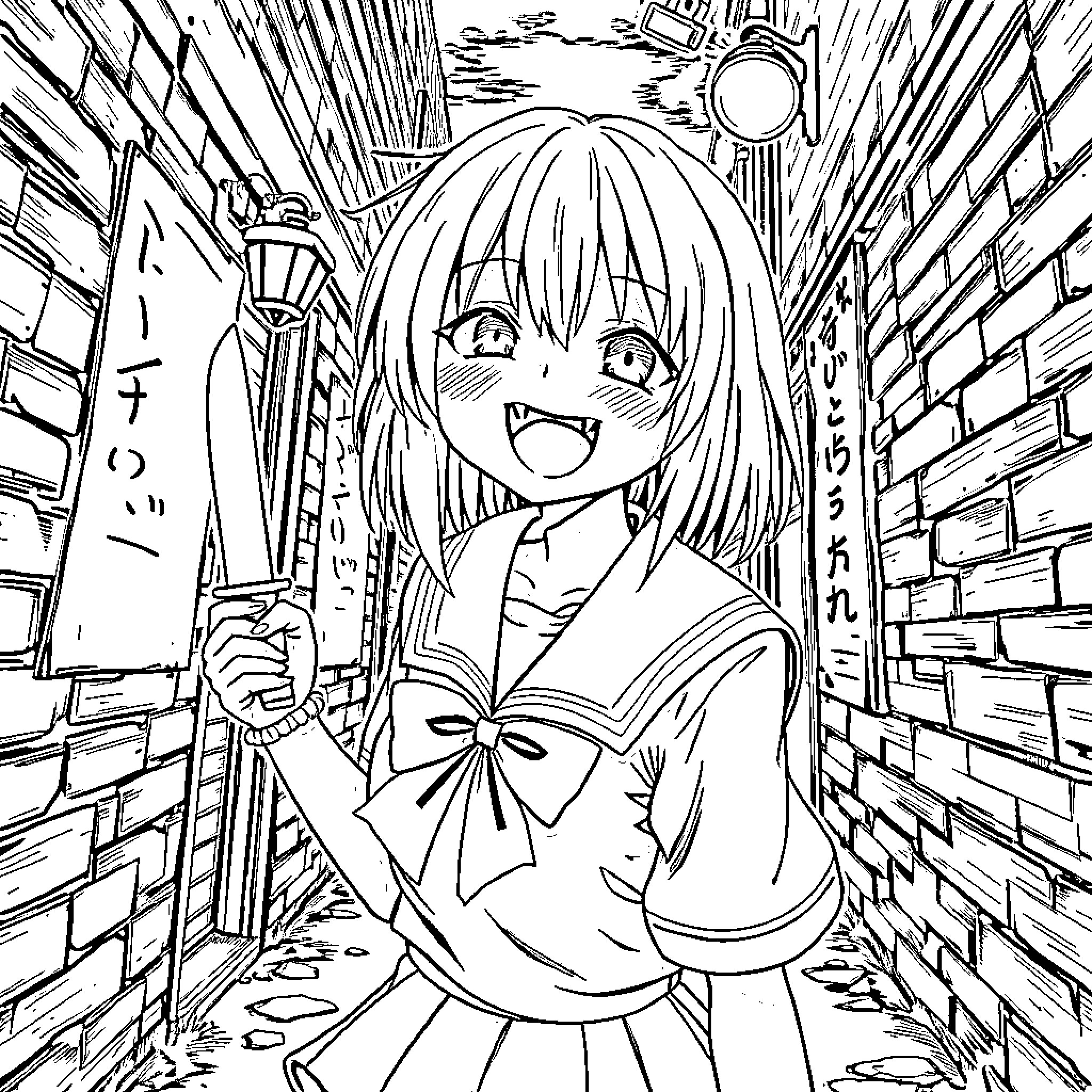 Himiko Toga's joyful expression in a city setting Coloring Page (free black-and-white line drawing printable PDF for all, from beginners to advanced learners, including children, teens, adults, and seniors)