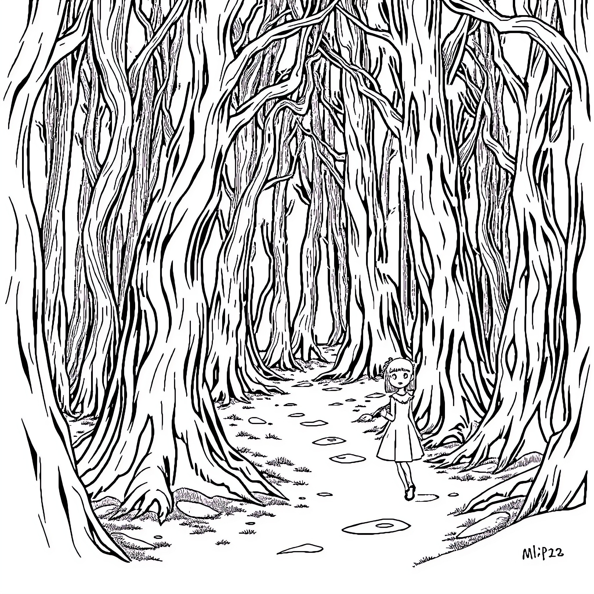 Coraline exploring the mysterious forest Coloring Page (free black-and-white line drawing printable PDF for all, from beginners to advanced learners, including children, teens, adults, and seniors)