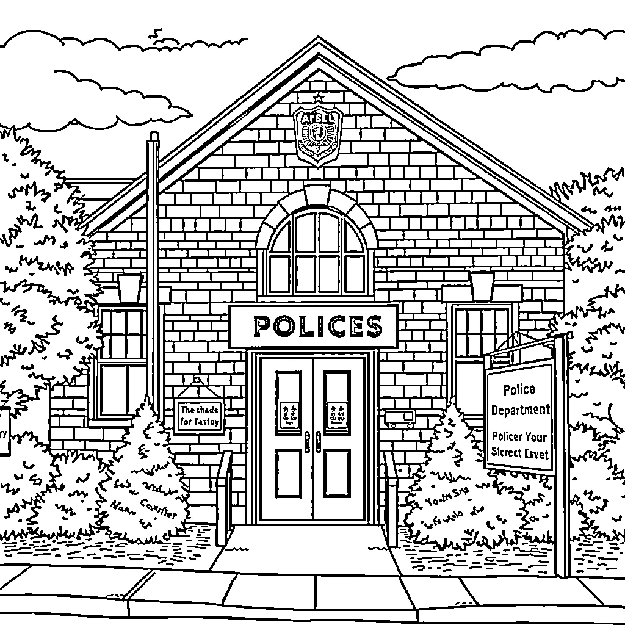Police Department building with officers on duty Coloring Page (free black-and-white line drawing printable PDF for all, from beginners to advanced learners, including children, teens, adults, and seniors)