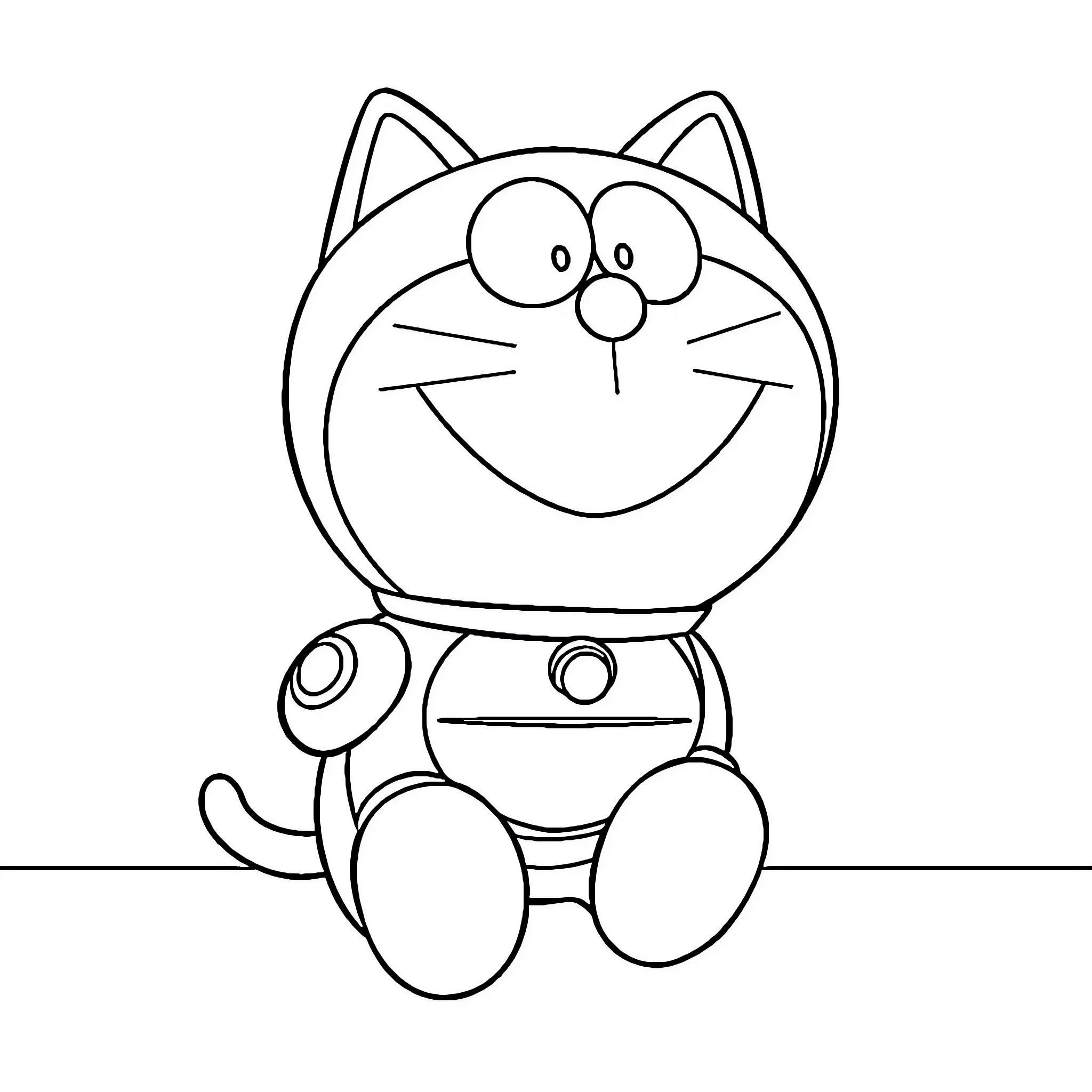 Doraemon sitting happily with big eyes Coloring Page (free black-and-white line drawing printable PDF for all, from beginners to advanced learners, including children, teens, adults, and seniors)