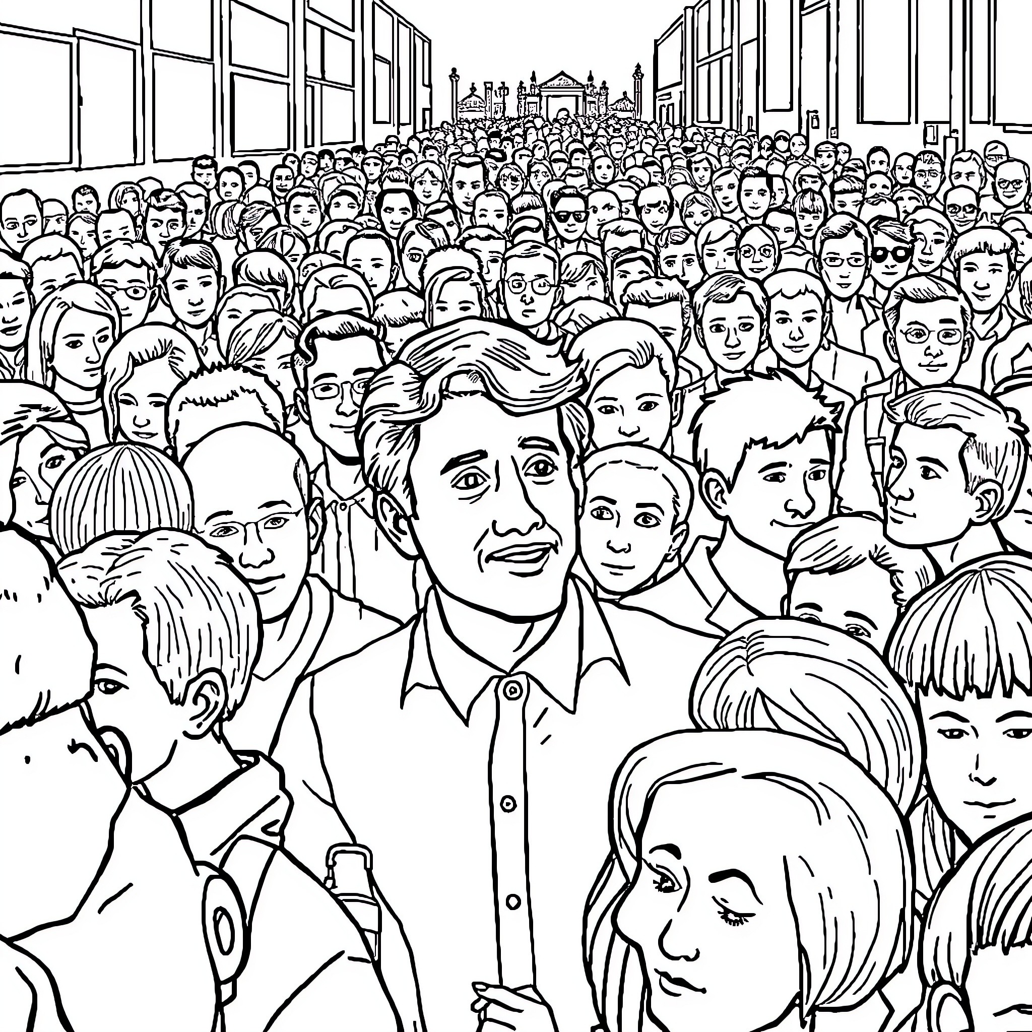 Justin Trudeau in a Crowded Public Event Coloring Page (free black-and-white line drawing printable PDF for all, from beginners to advanced learners, including children, teens, adults, and seniors)