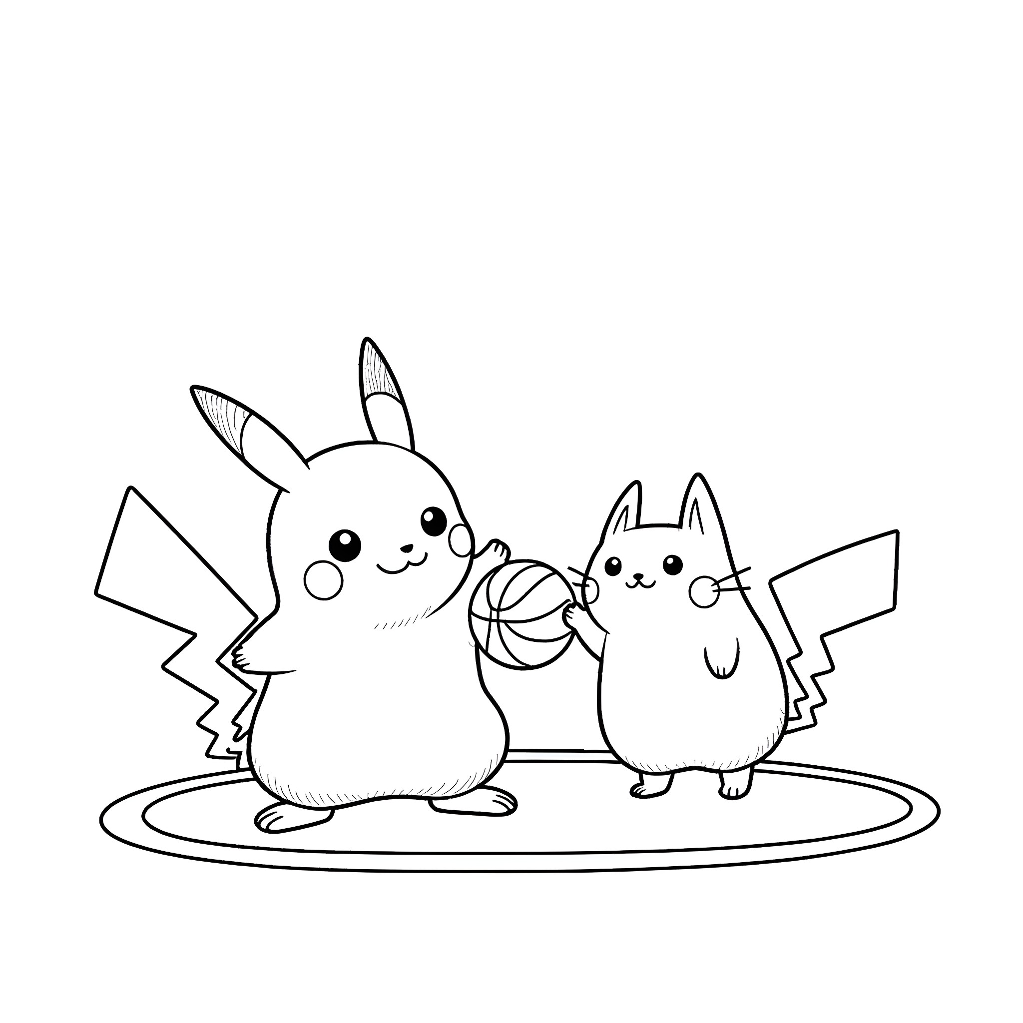 Pikachu and friends playing together happily Coloring Page (free black-and-white line drawing printable PDF for all, from beginners to advanced learners, including children, teens, adults, and seniors)