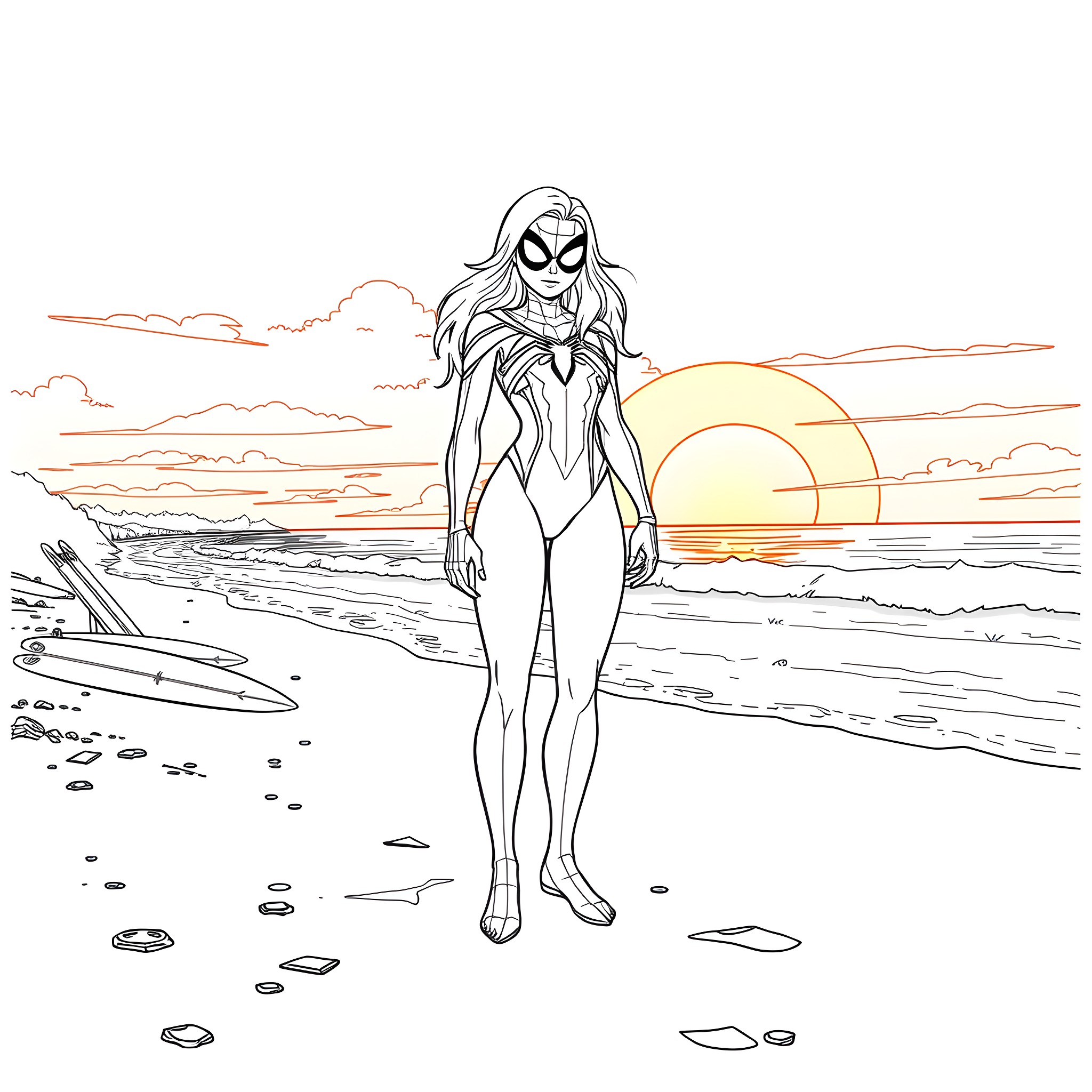 Spider Gwen exploring the beach at sunset Coloring Page (free black-and-white line drawing printable PDF for all, from beginners to advanced learners, including children, teens, adults, and seniors)
