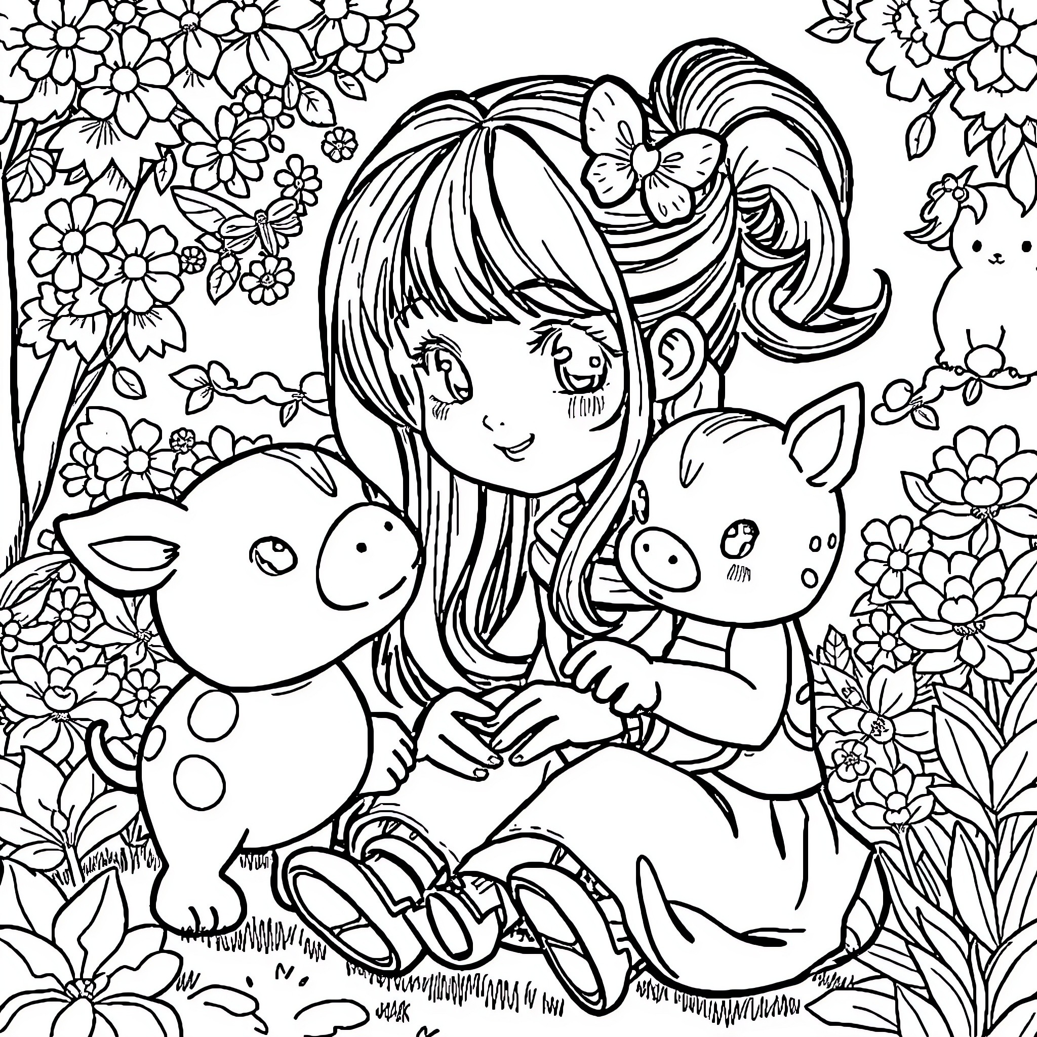 Girl smiling with cute stuffed animals in floral garden Coloring Page (free black-and-white line drawing printable PDF for all, from beginners to advanced learners, including children, teens, adults, and seniors)