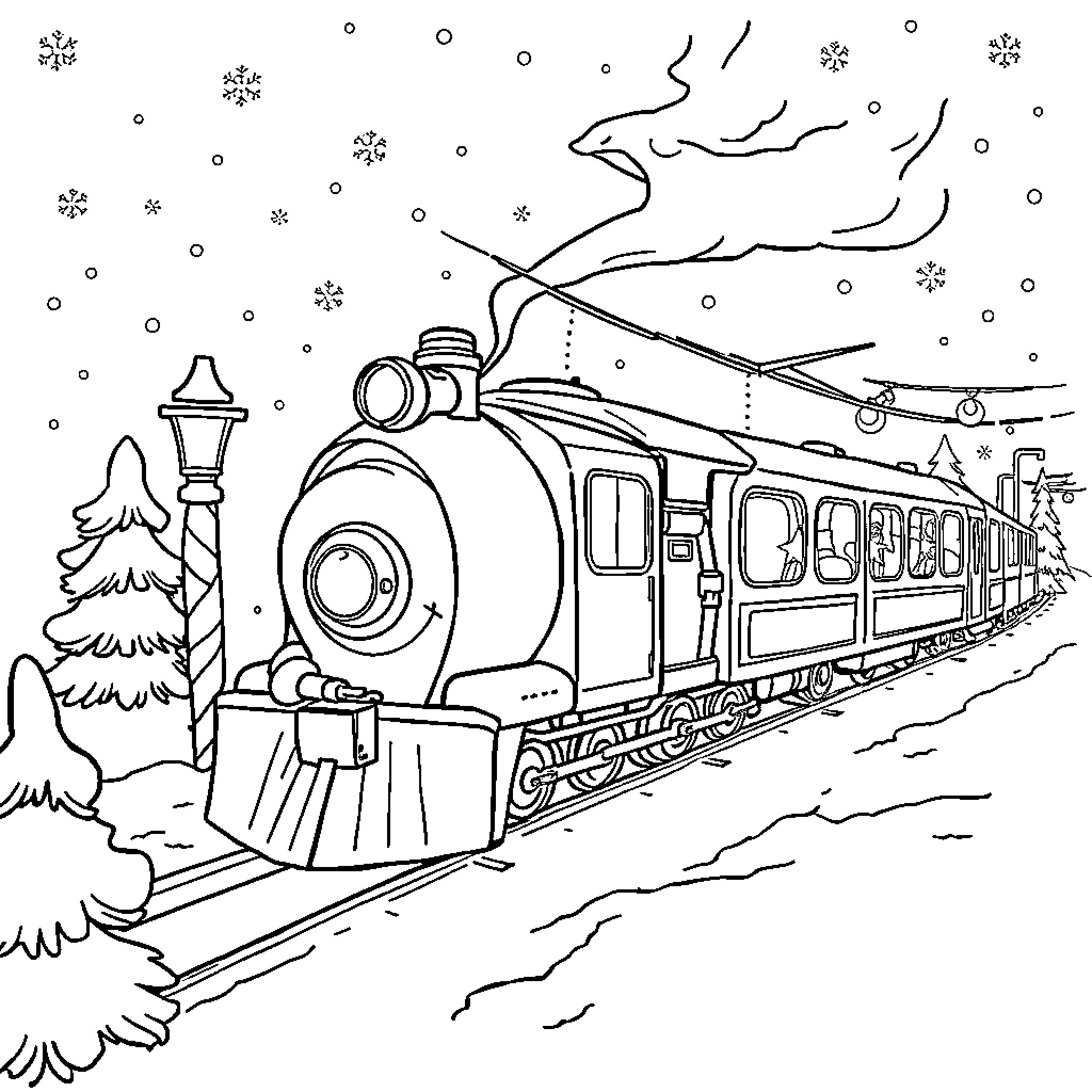 Paw Patrol Train Riding Through Snowy Landscape Coloring Page (free black-and-white line drawing printable PDF for all, from beginners to advanced learners, including children, teens, adults, and seniors)