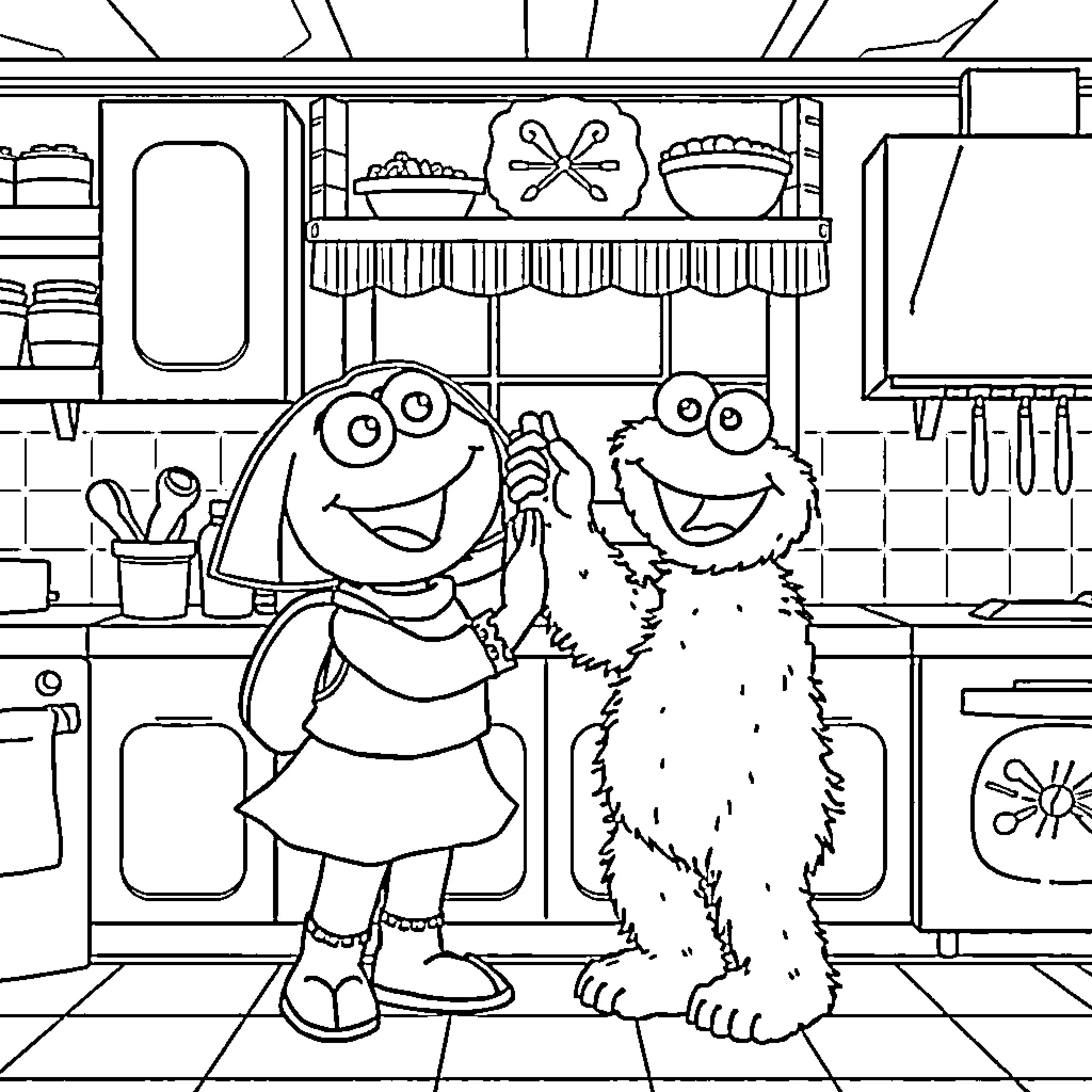 Dora and Grover cooking together in the kitchen Coloring Page (free black-and-white line drawing printable PDF for all, from beginners to advanced learners, including children, teens, adults, and seniors)