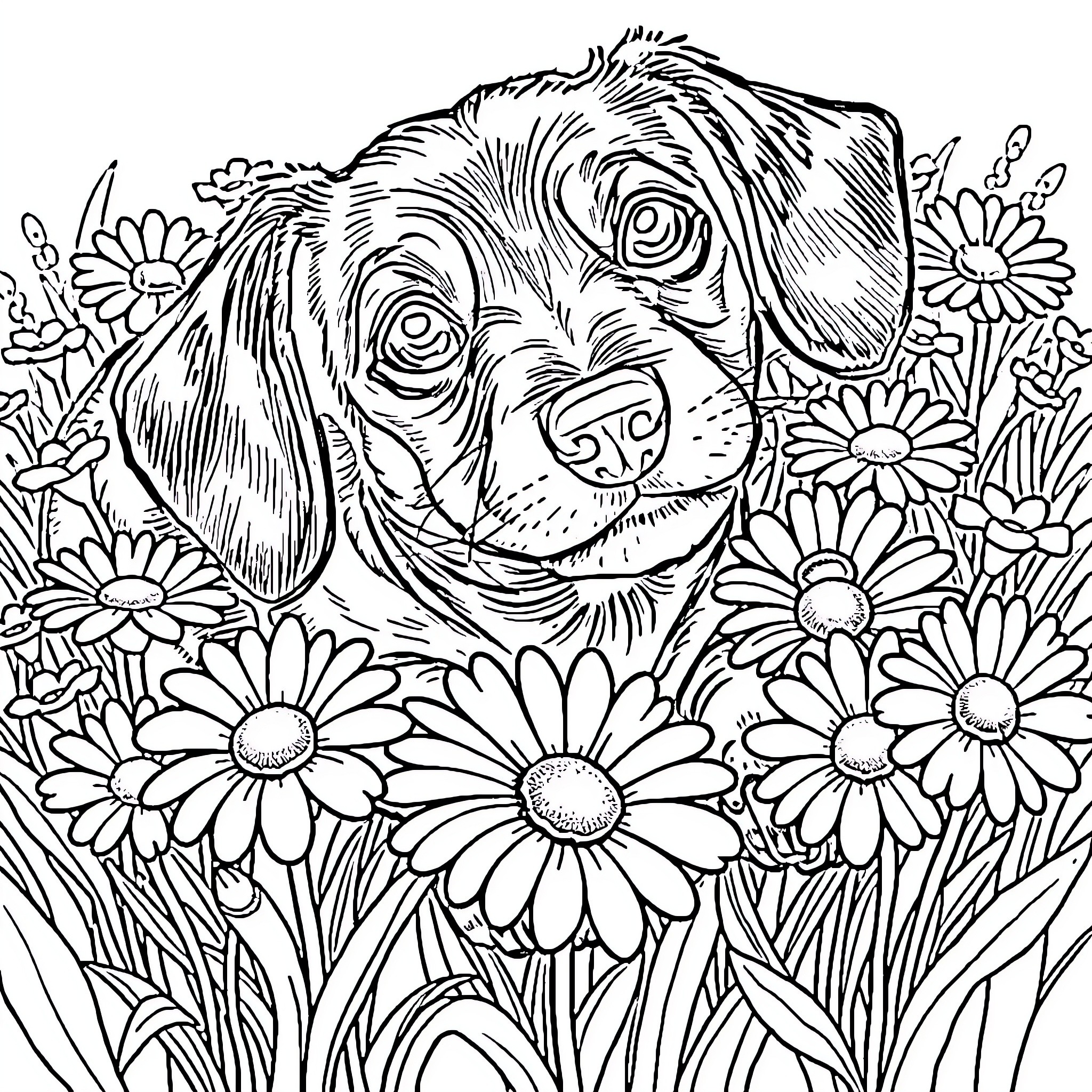 Dachshund relaxing amidst blooming daisies Coloring Page (free black-and-white line drawing printable PDF for all, from beginners to advanced learners, including children, teens, adults, and seniors)