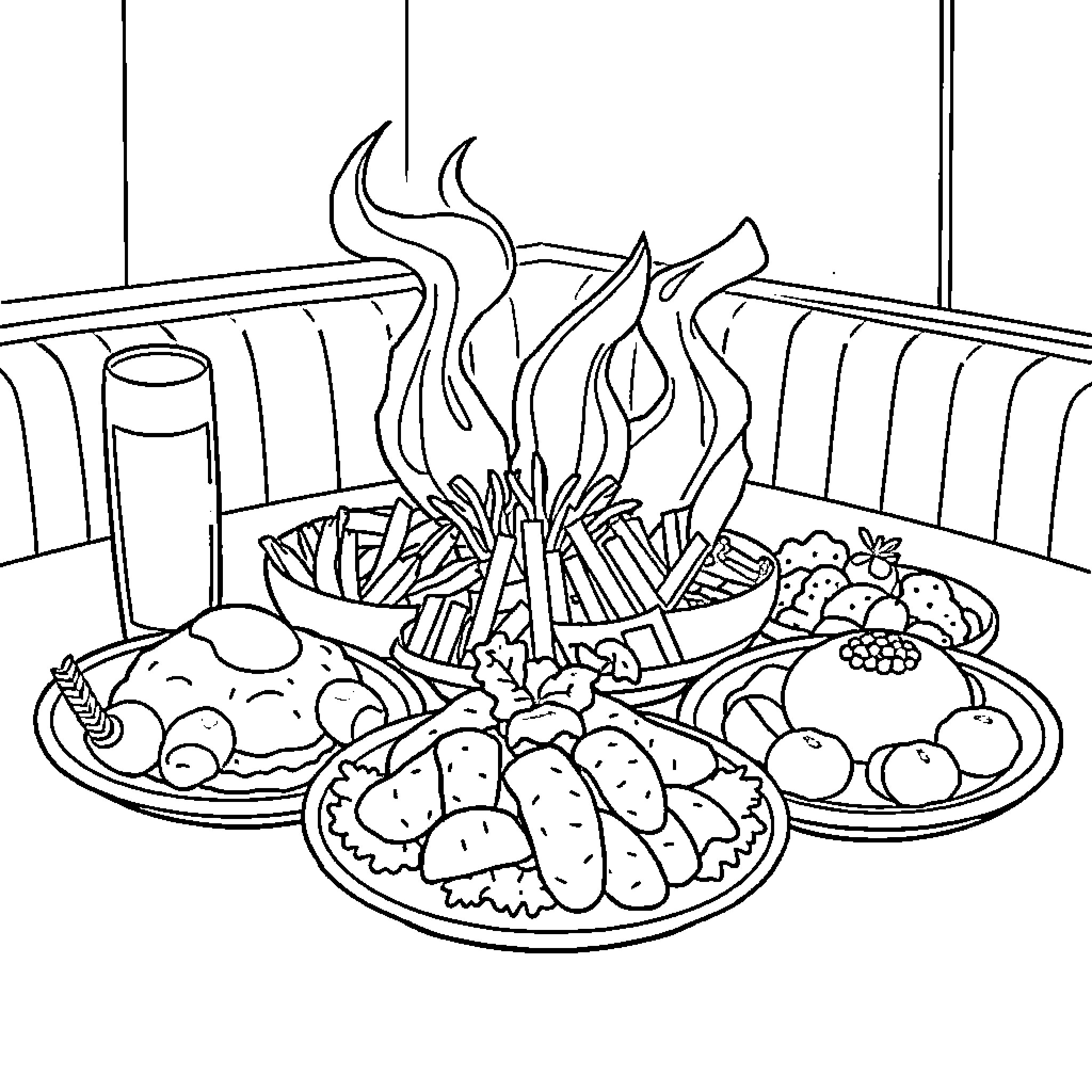 Food served on a table with burning flames Coloring Page (free black-and-white line drawing printable PDF for all, from beginners to advanced learners, including children, teens, adults, and seniors)