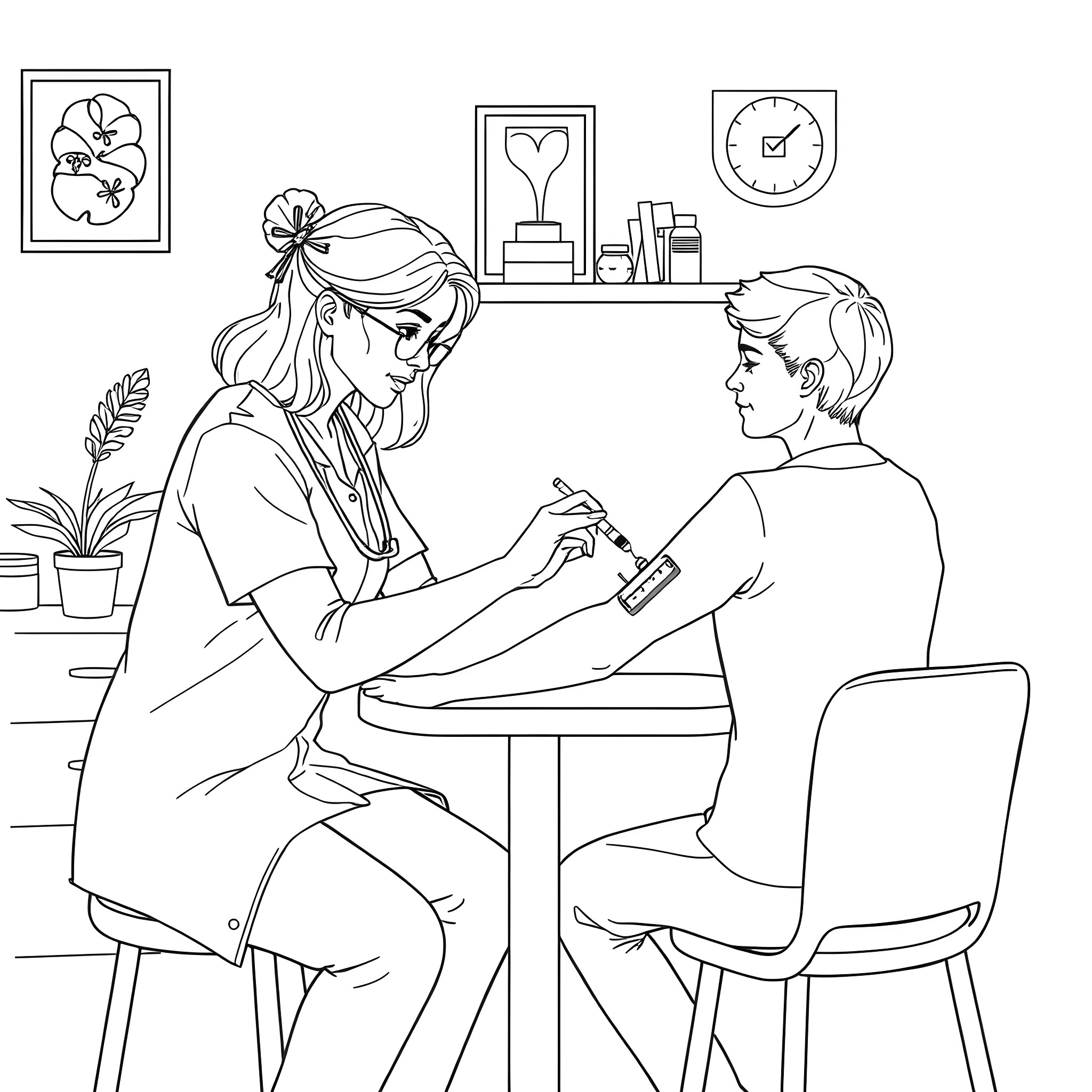 Nurse caring for patient in medical office Coloring Page (free black-and-white line drawing printable PDF for all, from beginners to advanced learners, including children, teens, adults, and seniors)