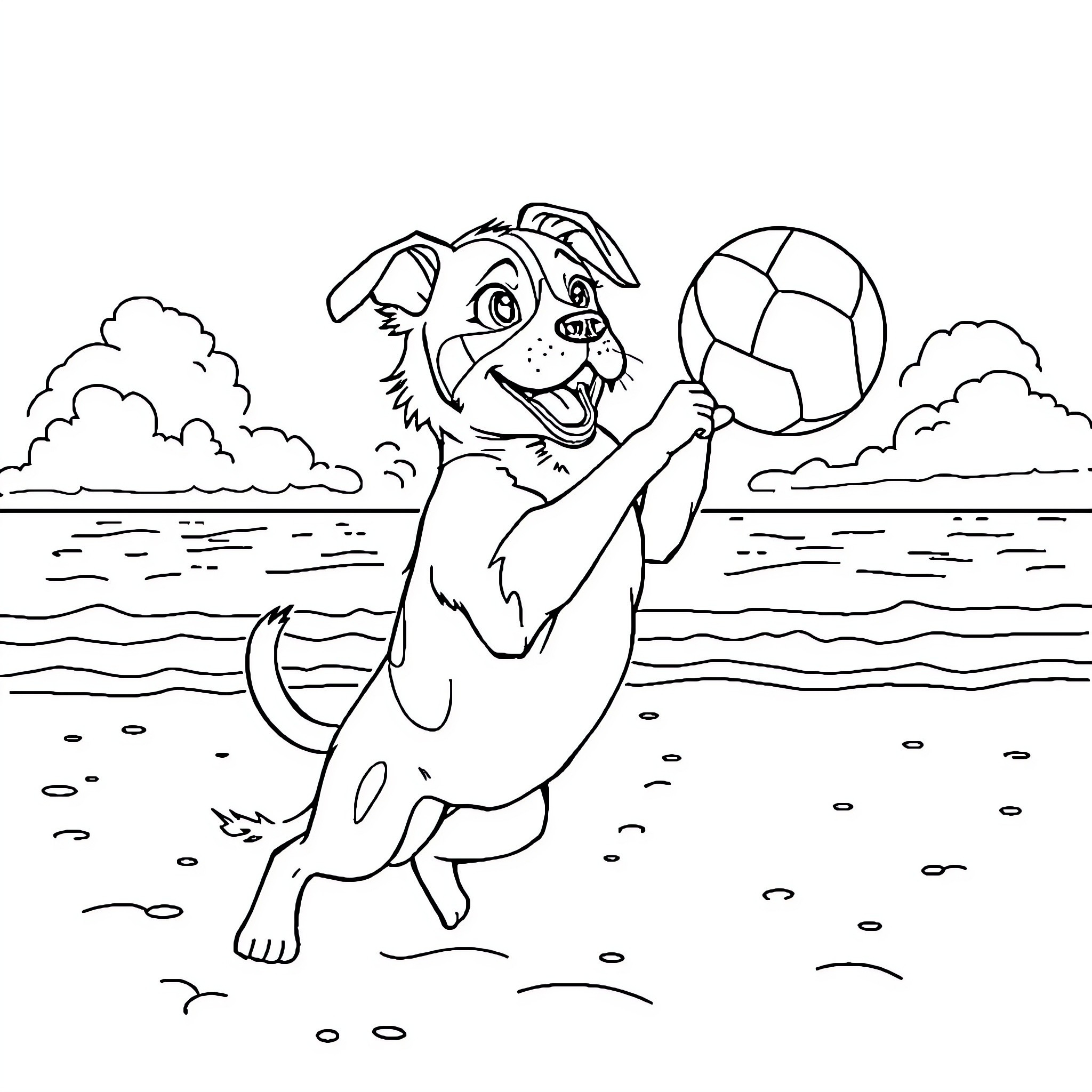 Perro jugando alegremente con una pelota en la playa Coloring Page (free black-and-white line drawing printable PDF for all, from beginners to advanced learners, including children, teens, adults, and seniors)