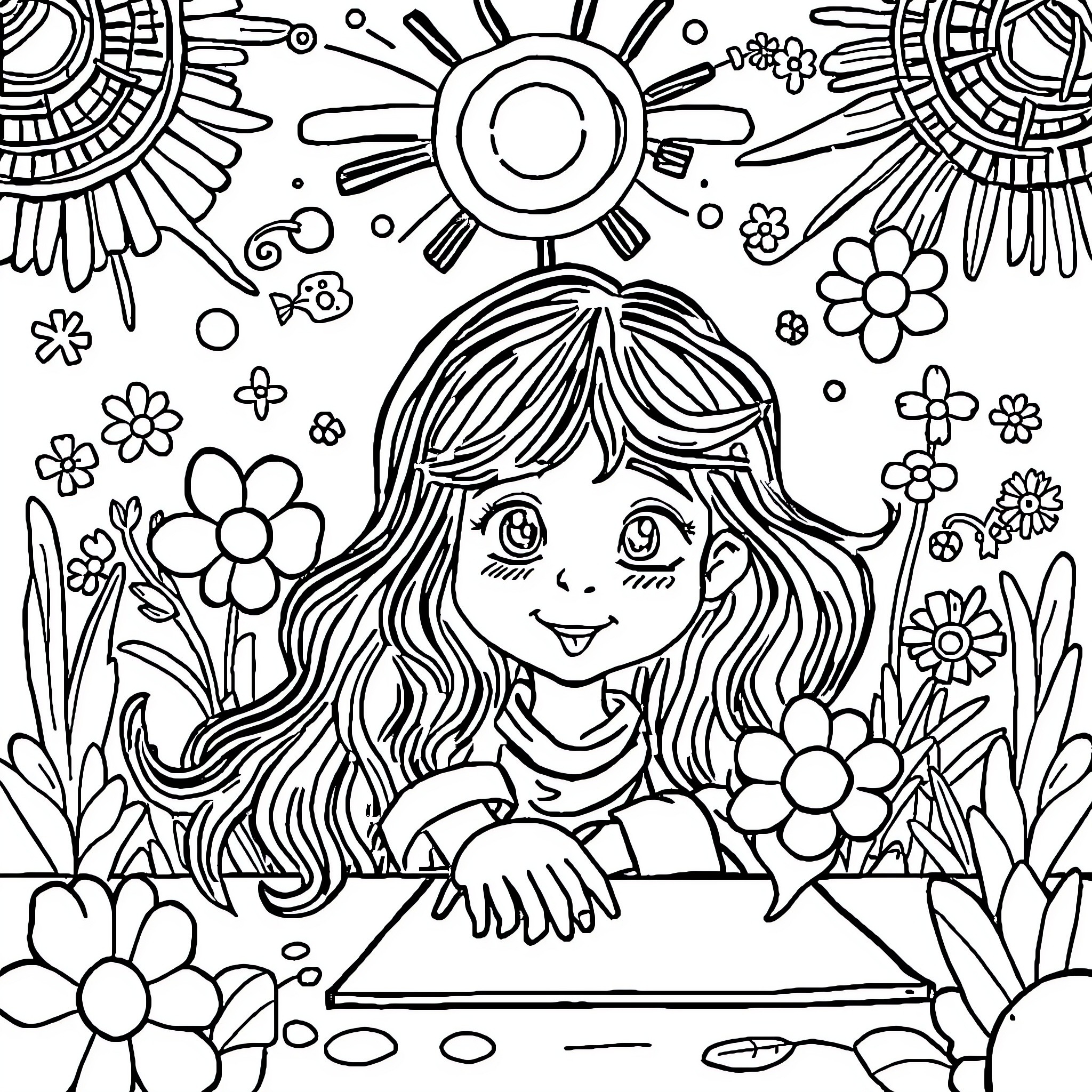 Burnout - Girl drawing in a floral wonderland Coloring Page (free black-and-white line drawing printable PDF for all, from beginners to advanced learners, including children, teens, adults, and seniors)