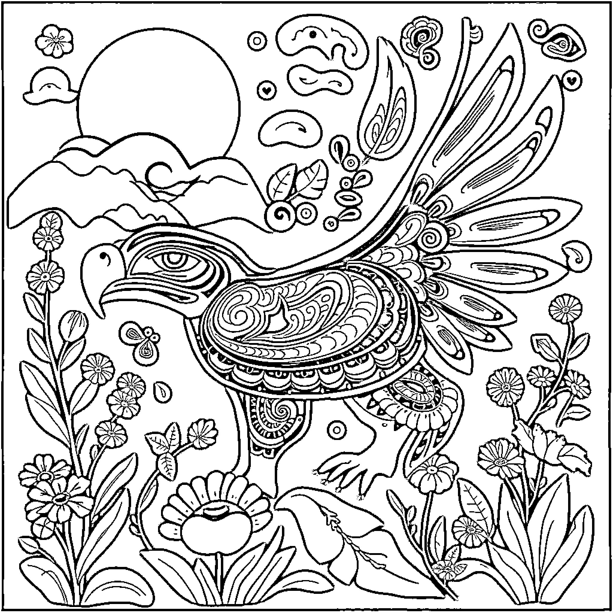 Tsimshian Art: Intricate Bird Amid Floral Landscape Coloring Page (free black-and-white line drawing printable PDF for all, from beginners to advanced learners, including children, teens, adults, and seniors)