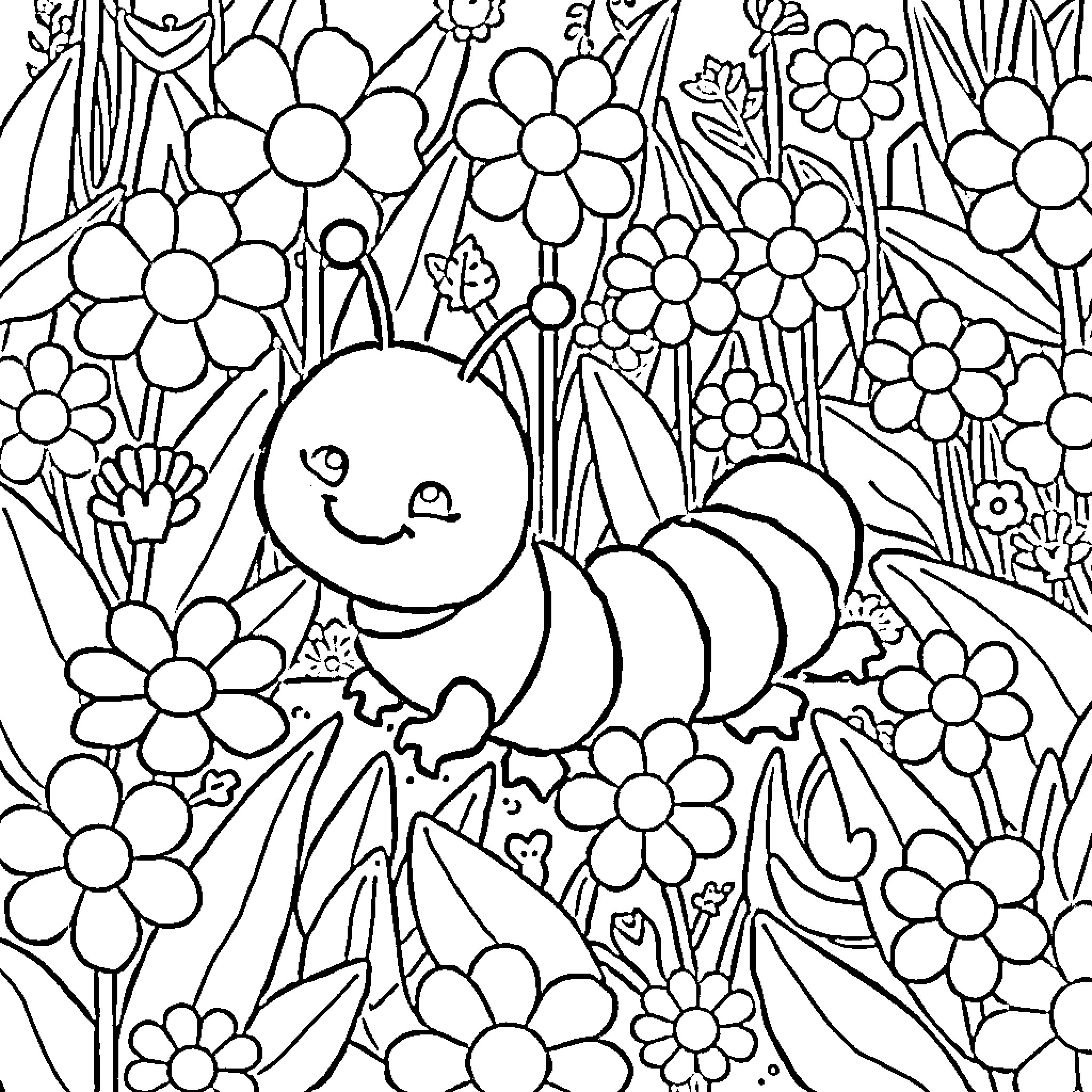 Caterpillar exploring a vibrant floral garden Coloring Page (free black-and-white line drawing printable PDF for all, from beginners to advanced learners, including children, teens, adults, and seniors)