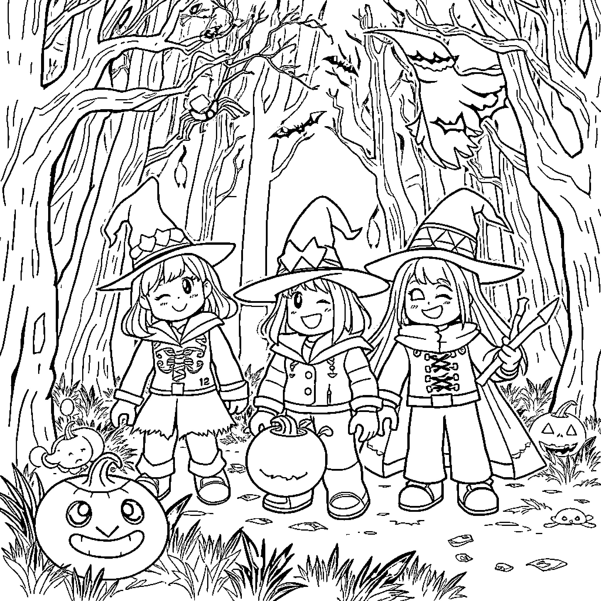 Kid Trick-or-Treating in the Enchanted Forest Coloring Page (free black-and-white line drawing printable PDF for all, from beginners to advanced learners, including children, teens, adults, and seniors)