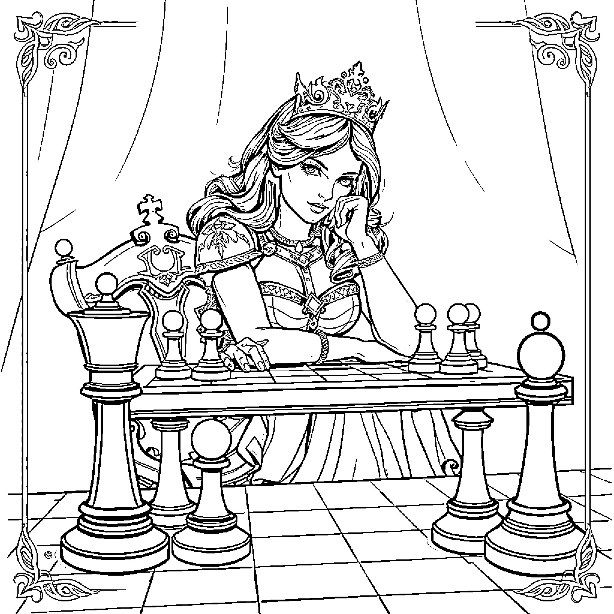 Iron Maiden playing a game of chess in regal attire Coloring Page (free black-and-white line drawing printable PDF for all, from beginners to advanced learners, including children, teens, adults, and seniors)