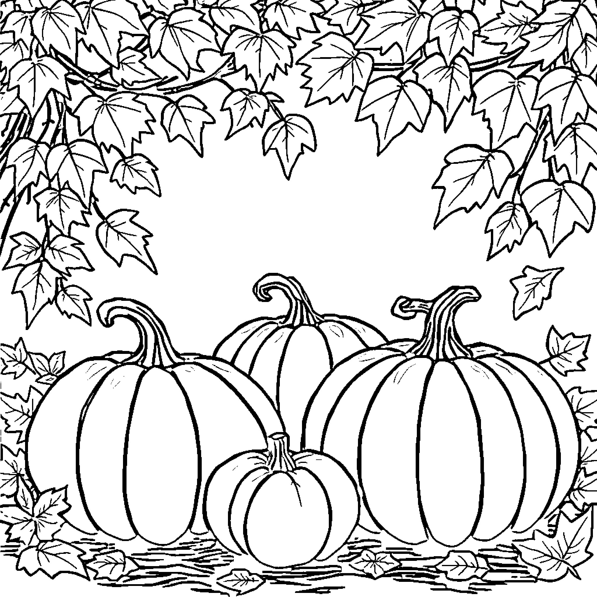 Halloween pumpkins and autumn leaves Coloring Page (free black-and-white line drawing printable PDF for all, from beginners to advanced learners, including children, teens, adults, and seniors)