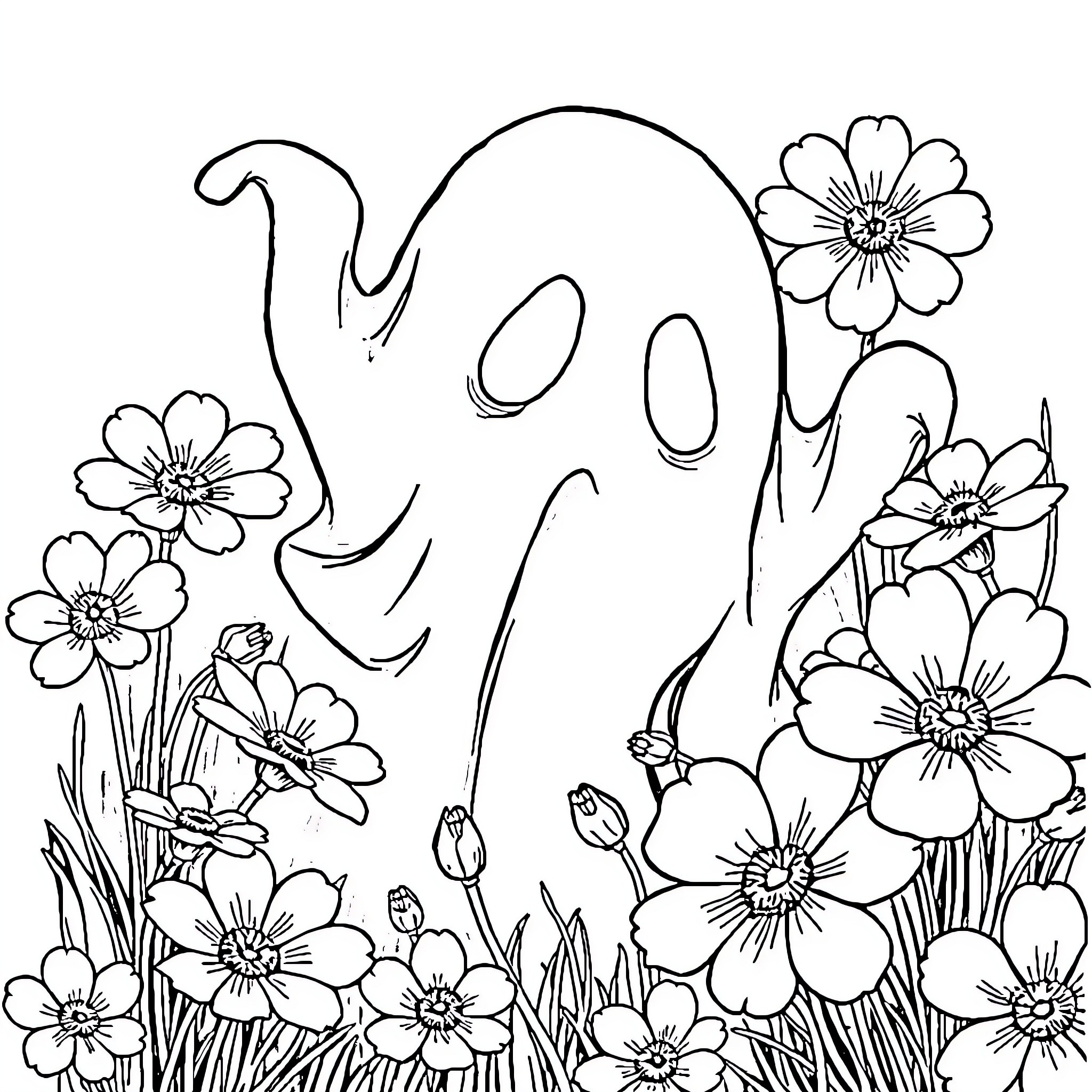 Ghost playing in a field of flowers Coloring Page (free black-and-white line drawing printable PDF for all, from beginners to advanced learners, including children, teens, adults, and seniors)