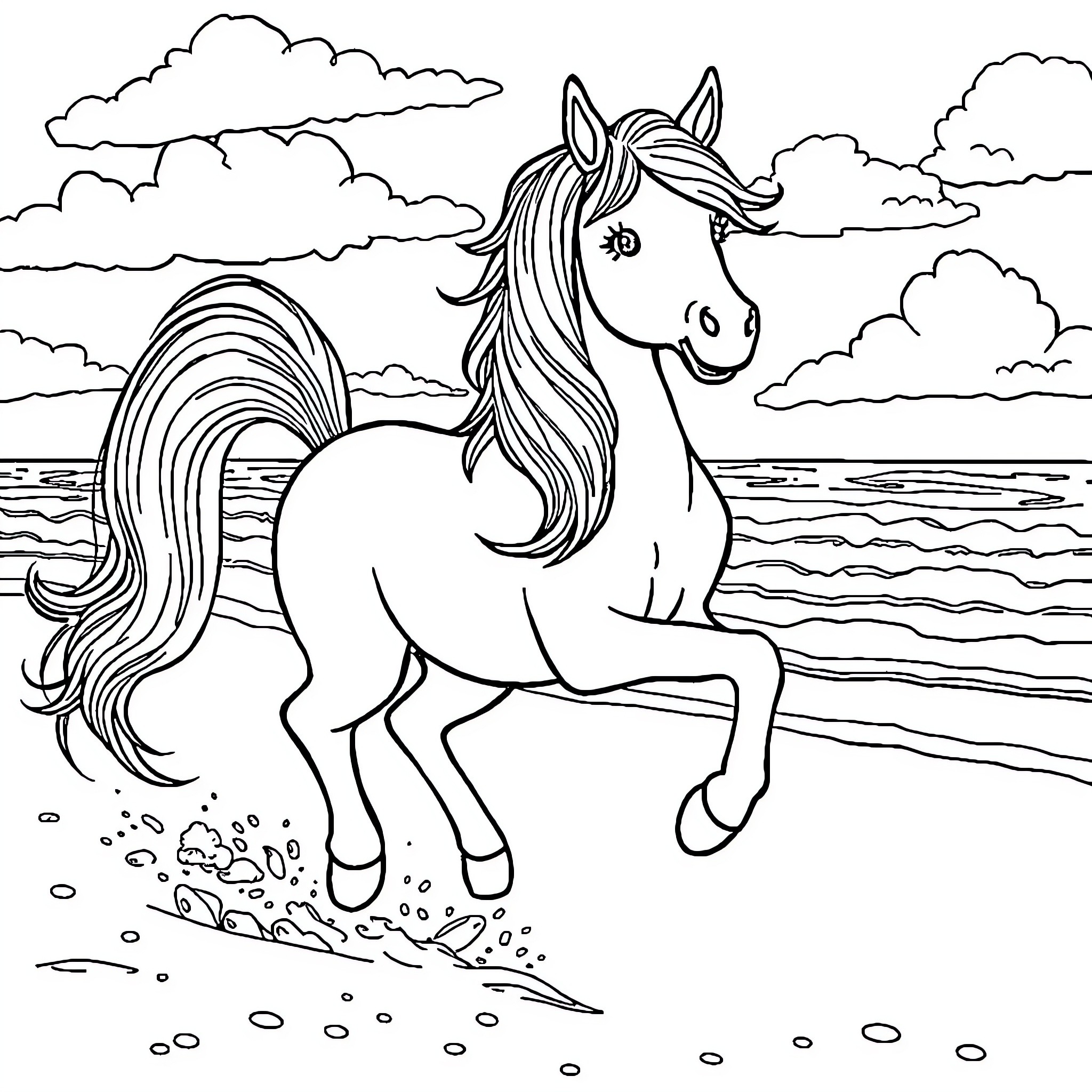 Pony running joyfully on the beach Coloring Page (free black-and-white line drawing printable PDF for all, from beginners to advanced learners, including children, teens, adults, and seniors)