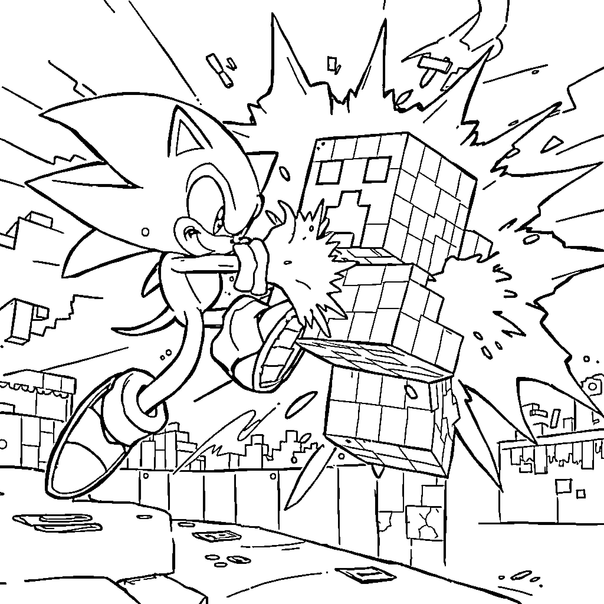 Sonic's Epic Adventure in the Cityscape Coloring Page (free black-and-white line drawing printable PDF for all, from beginners to advanced learners, including children, teens, adults, and seniors)